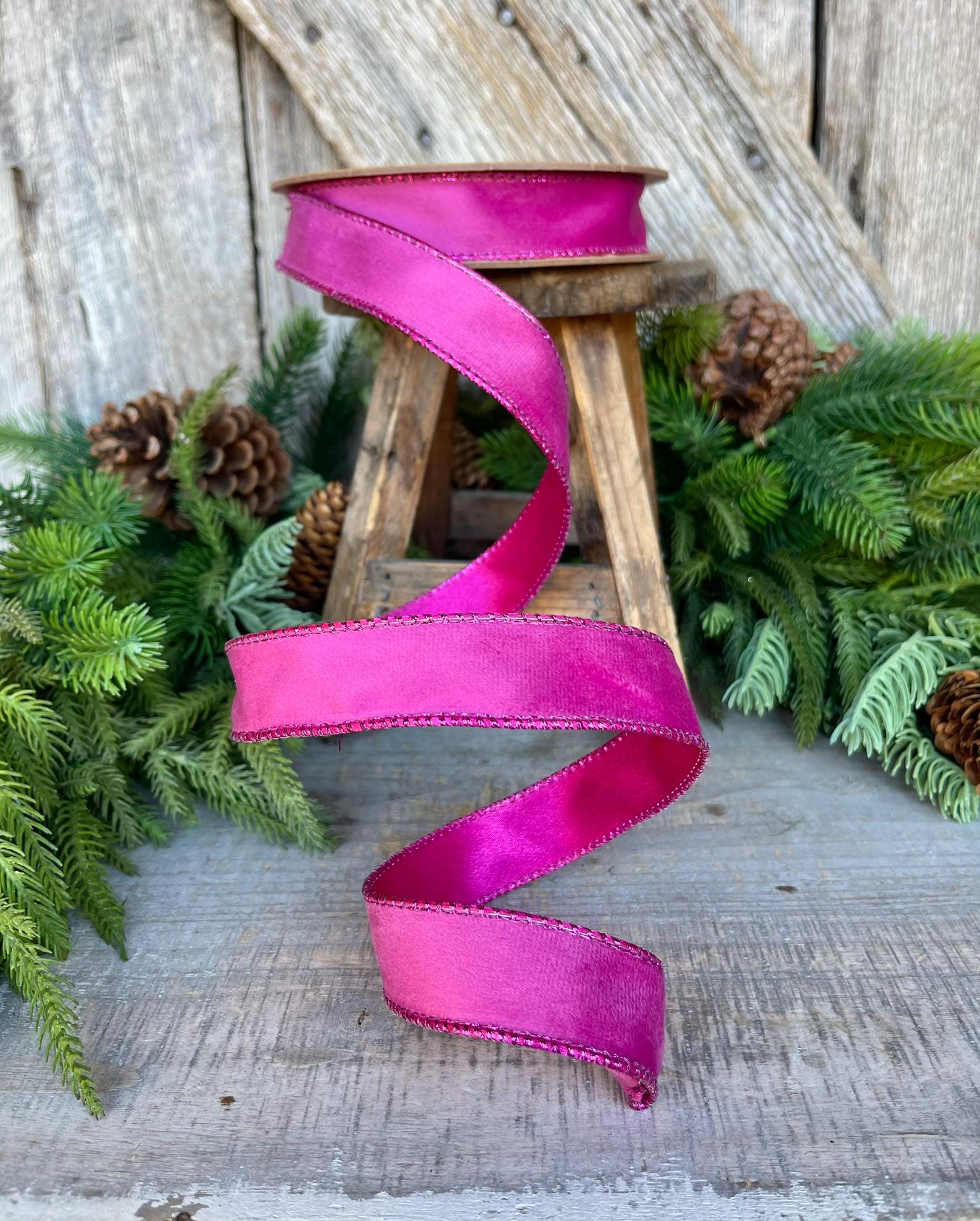 1" Hot Pink Velvet Ribbon, Wired Ribbon, Christmas Ribbon
