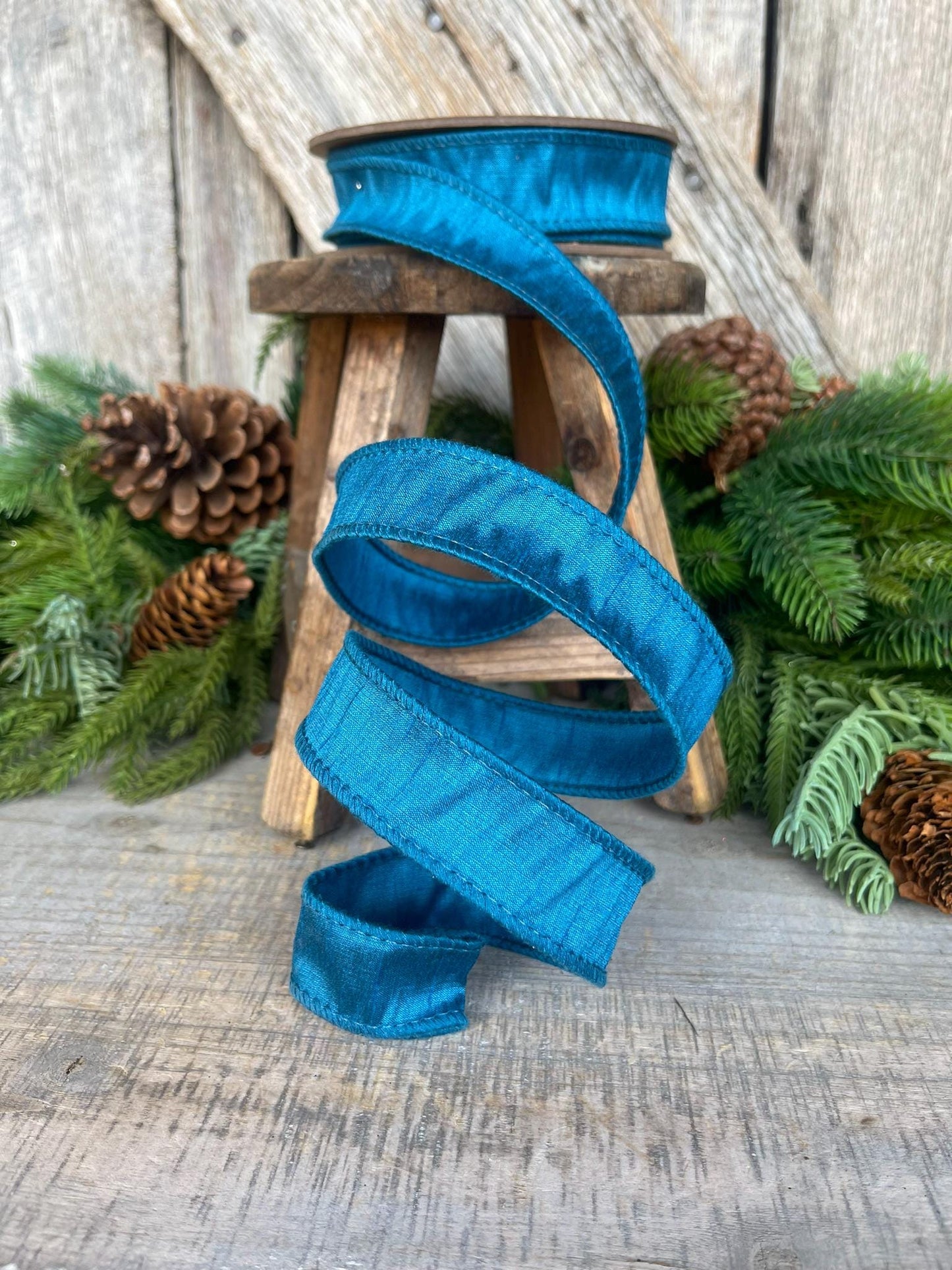1" Turquoise Dupion Ribbon, wired ribbon, Christmas Ribbon