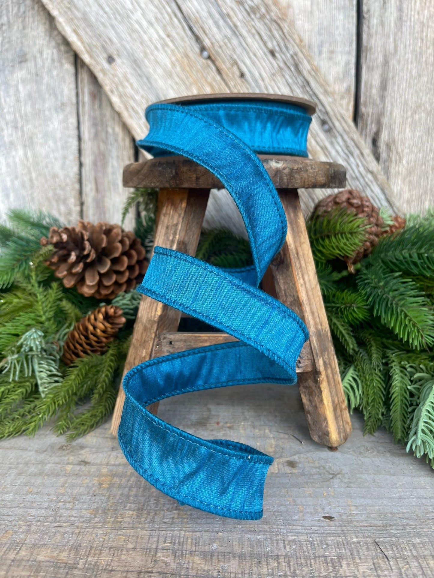 1" Turquoise Dupion Ribbon, wired ribbon, Christmas Ribbon