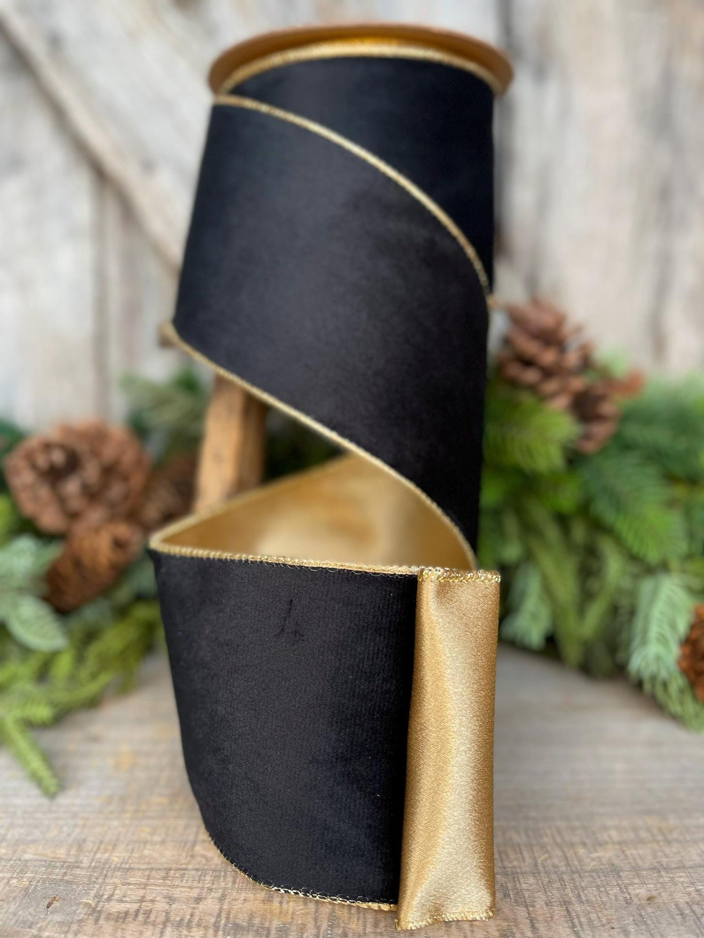 4" Black Velvet Ribbon, Wired RIbbon, Black Gold Velvet Ribbon
