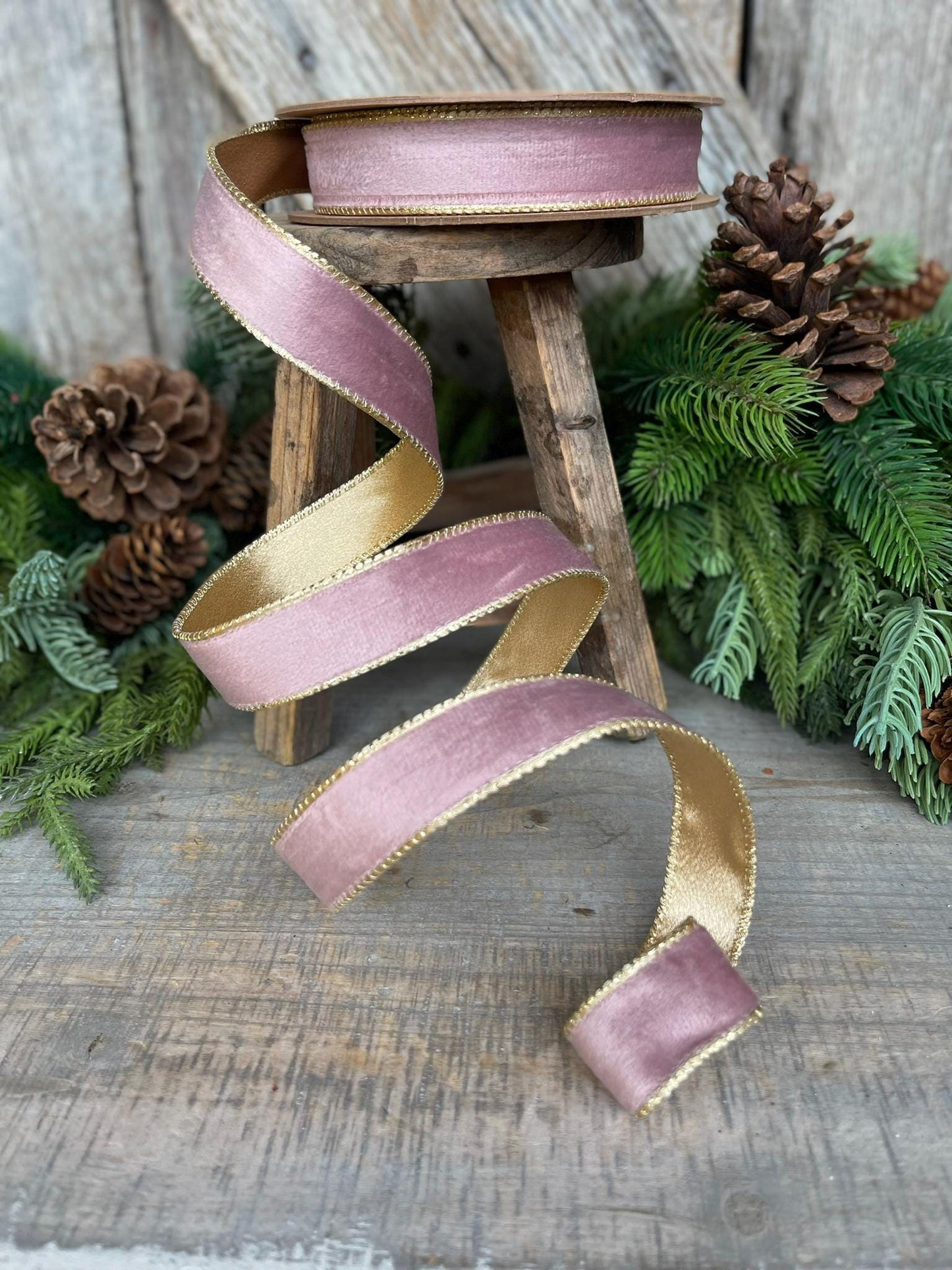 1" Dusty Pink Velvet Ribbon, Pink & Gold Velvet Ribbon, Wired Ribbon
