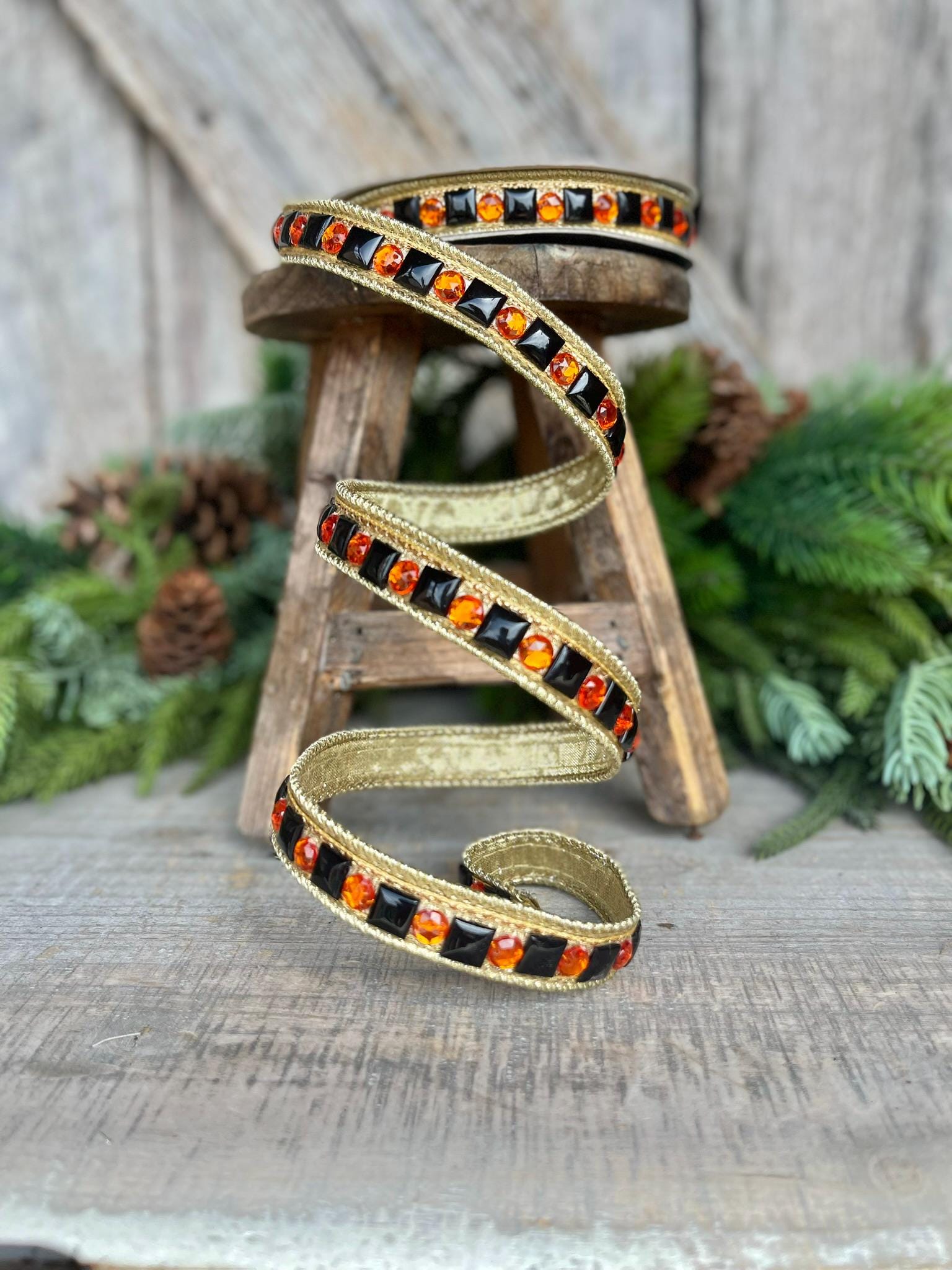 3/4" Halloween Garland Ribbon, Halloween Jeweled Ribbon, Orange Black Jeweled RIbbon