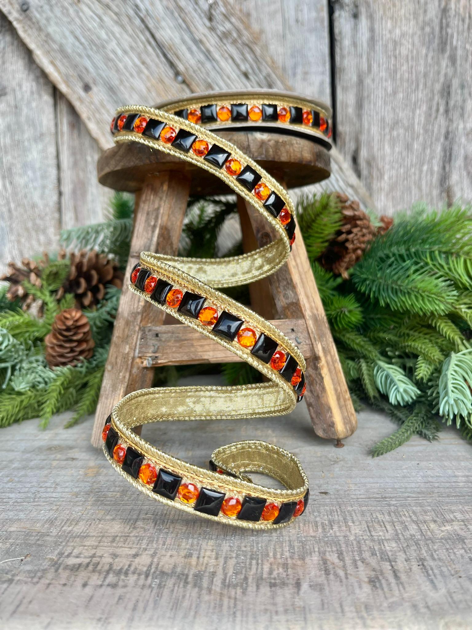 3/4" Halloween Garland Ribbon, Halloween Jeweled Ribbon, Orange Black Jeweled RIbbon