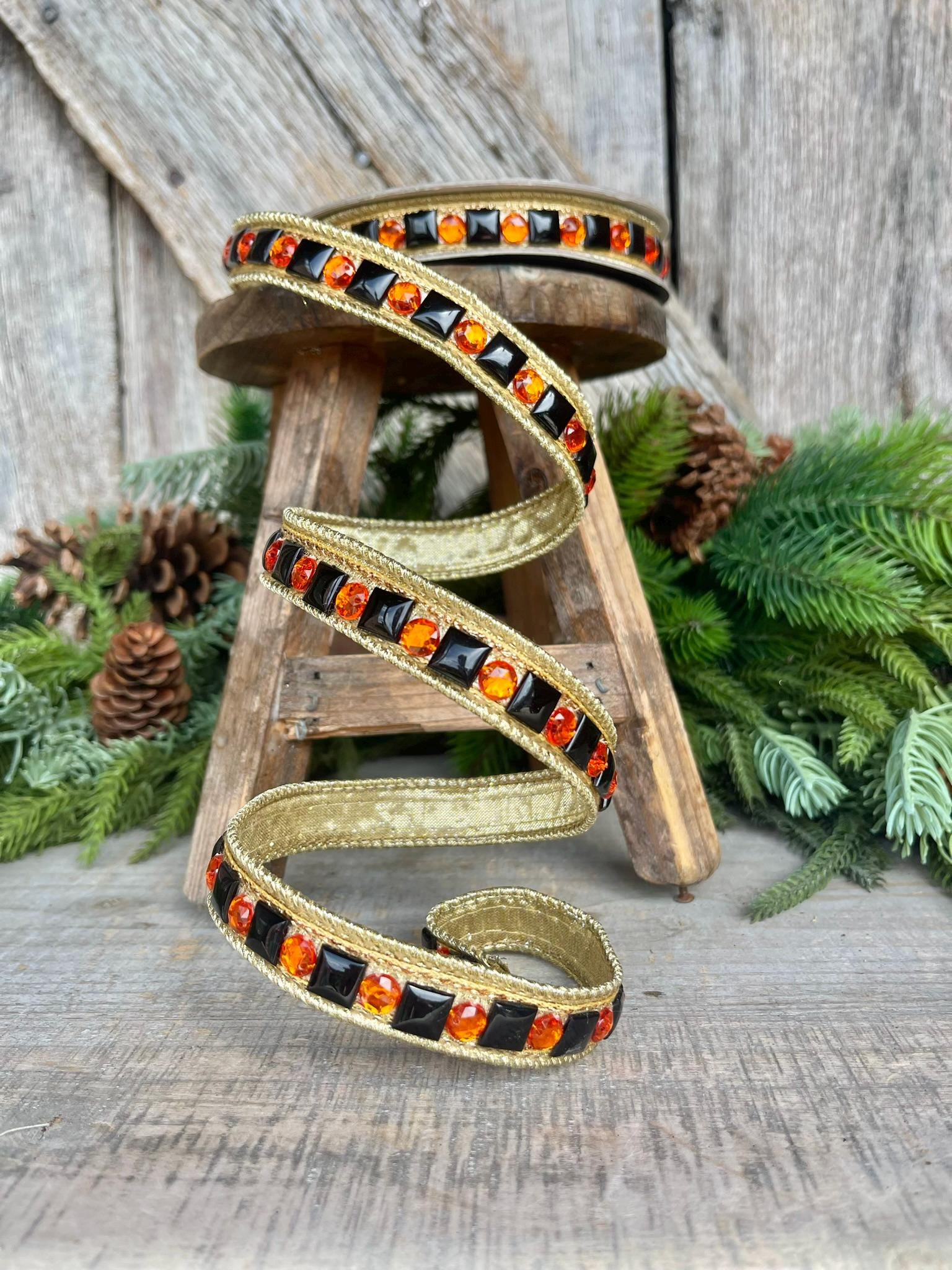 3/4" Halloween Garland Ribbon, Halloween Jeweled Ribbon, Orange Black Jeweled RIbbon