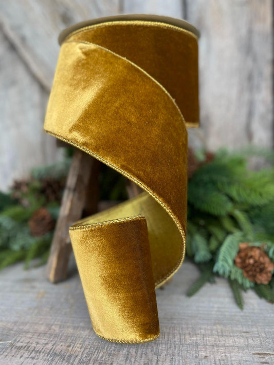 4" Antique Gold Wired Ribbon, Farrisilk Ribbon, Velvet Ribbon