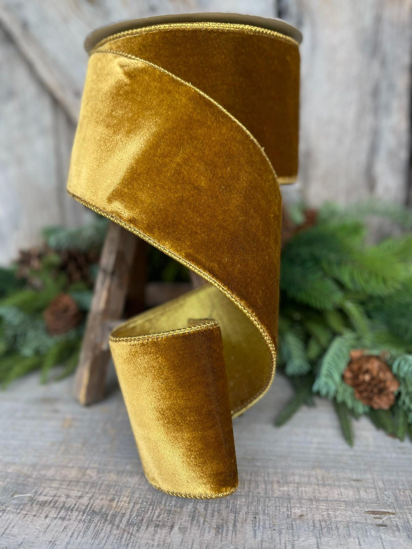 4" Antique Gold Wired Ribbon, Farrisilk Ribbon, Velvet Ribbon