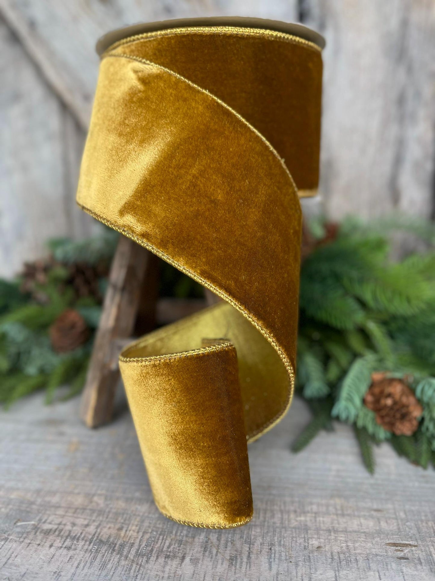 4" Antique Gold Wired Ribbon, Farrisilk Ribbon, Velvet Ribbon