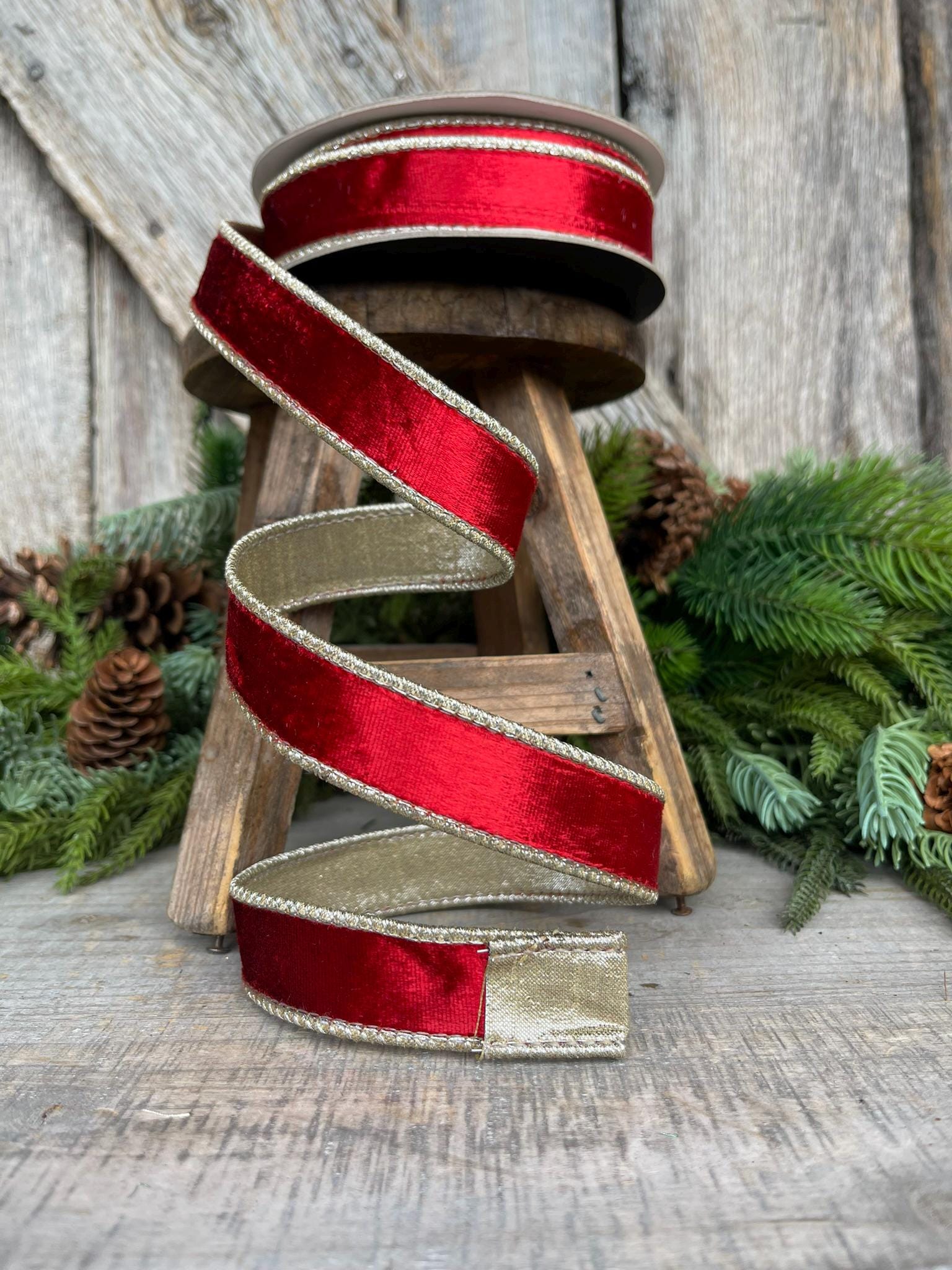 1" Red Satin Velvet Ribbon, Farrisilk Ribbon, Red Velvet Ribbon