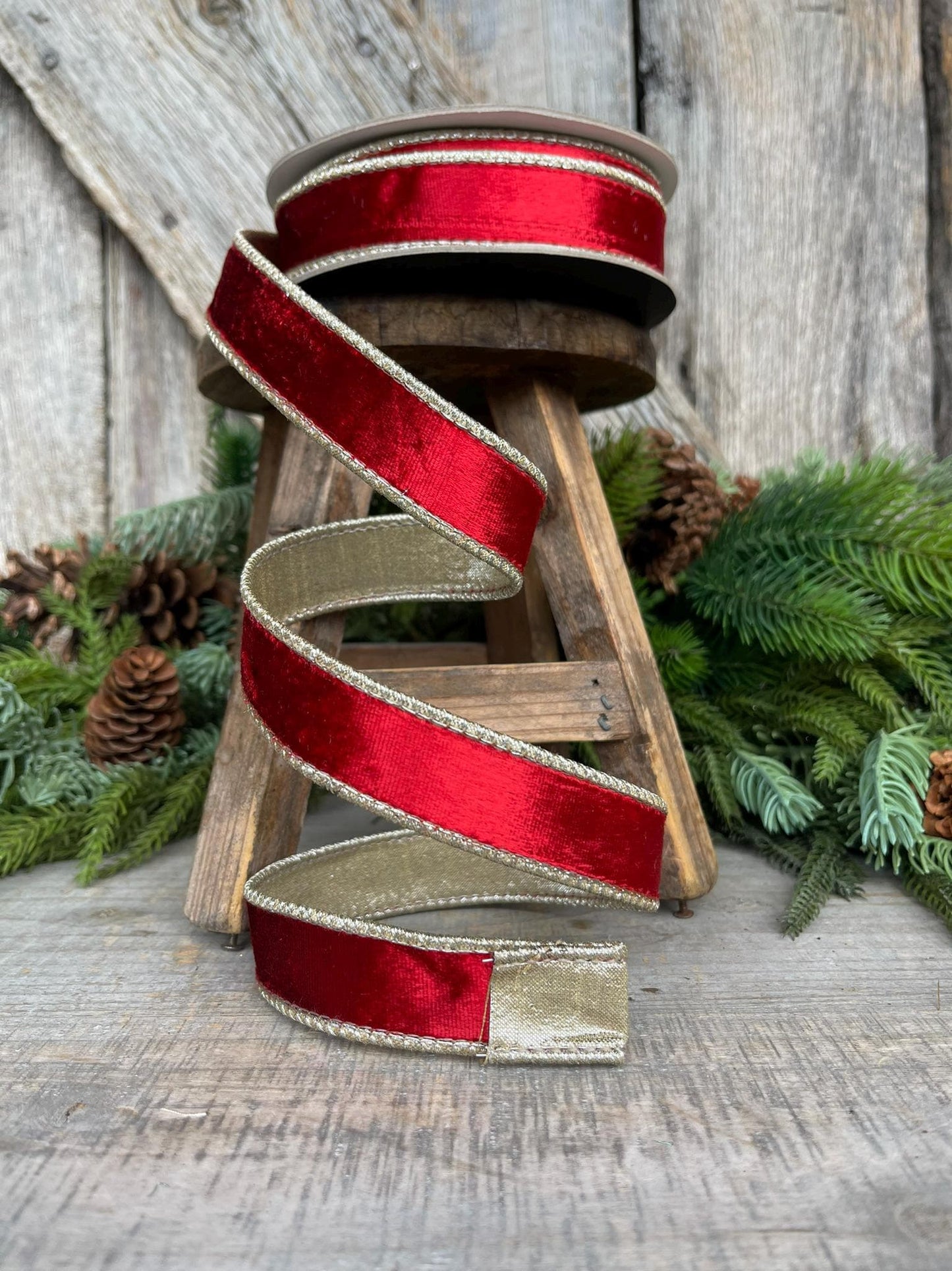 1" Red Satin Velvet Ribbon, Farrisilk Ribbon, Red Velvet Ribbon