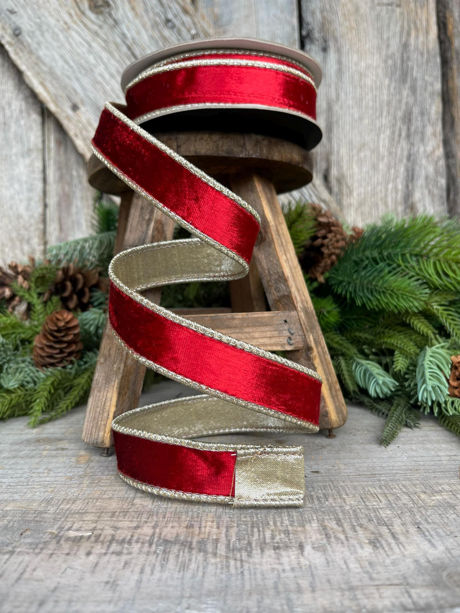 1" Red Satin Velvet Ribbon, Farrisilk Ribbon, Red Velvet Ribbon