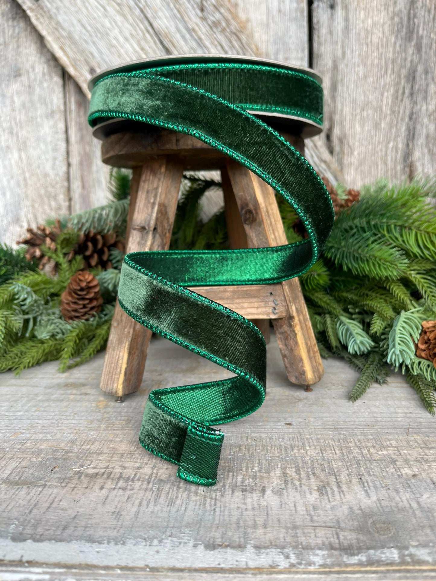 1" Dark Pine Green Velvet, Christmas Tree Ribbon, Farrisilk Velvet