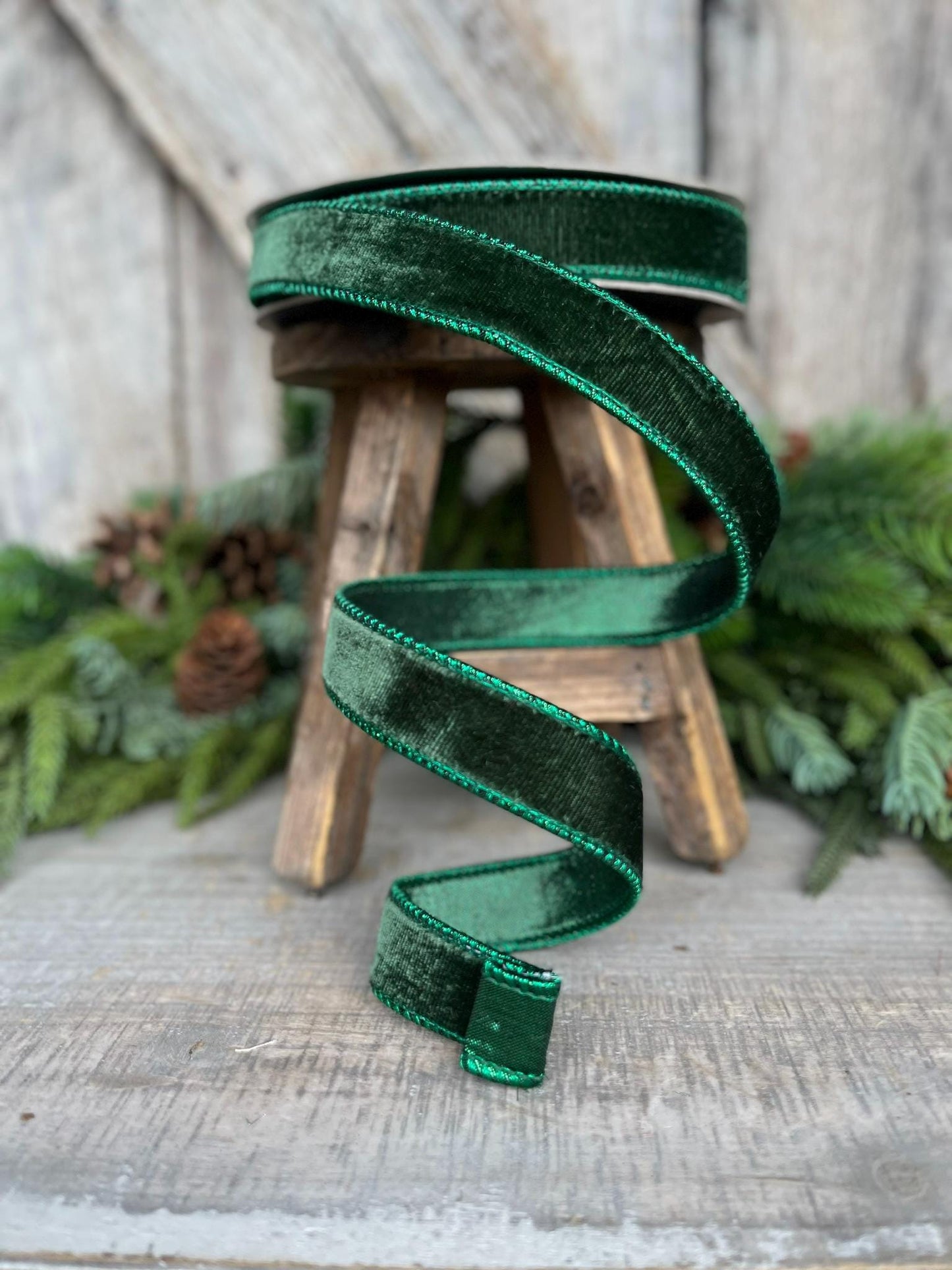 1" Dark Pine Green Velvet, Christmas Tree Ribbon, Farrisilk Velvet