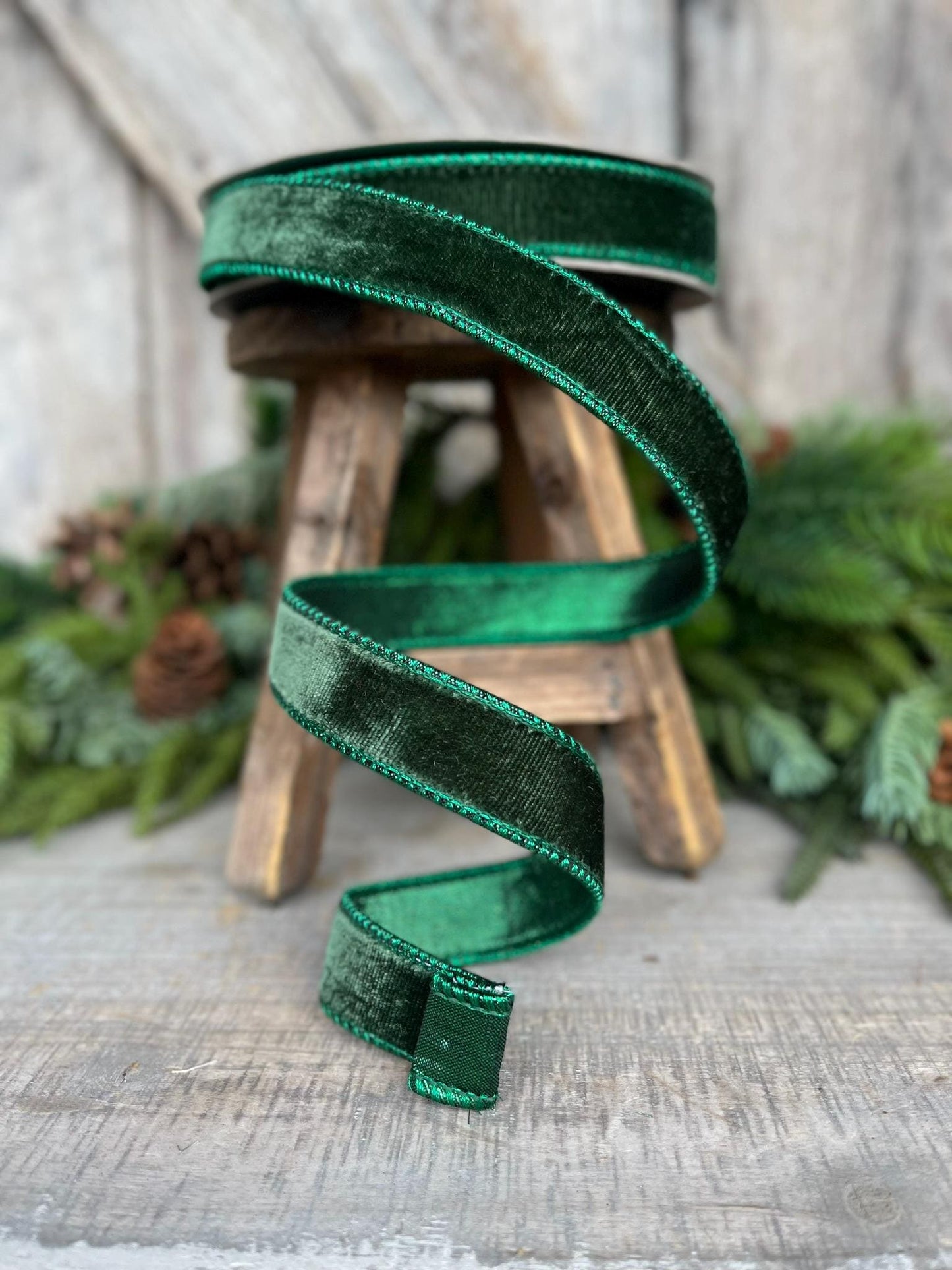 1" Dark Pine Green Velvet, Christmas Tree Ribbon, Farrisilk Velvet