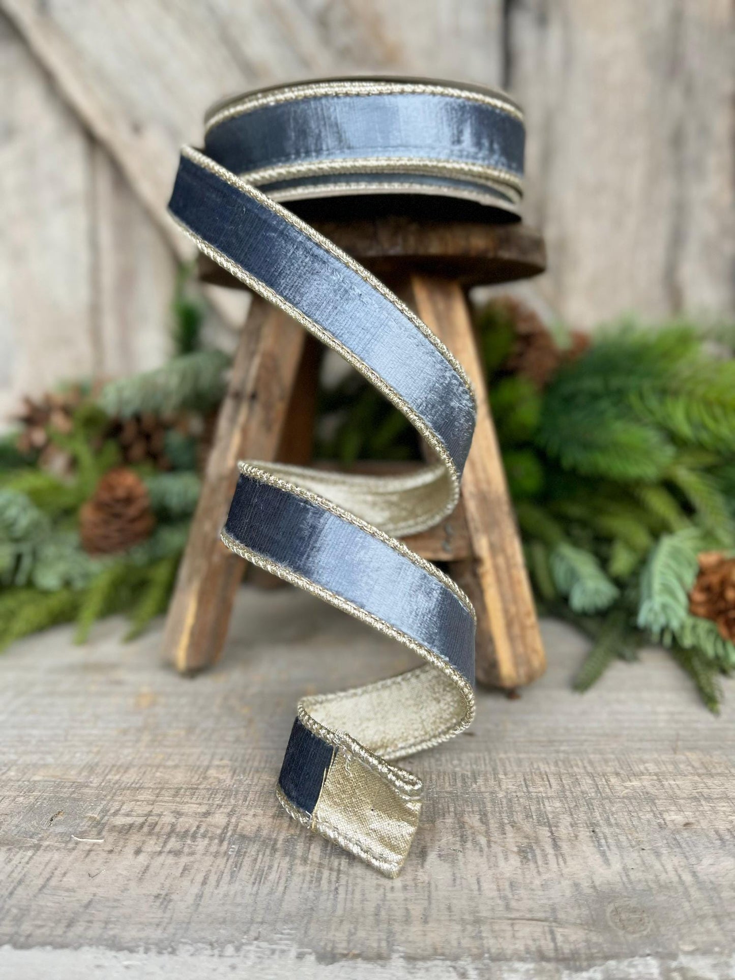 1" Steel Blue Satin Velvet Ribbon, Farrisilk Ribbon