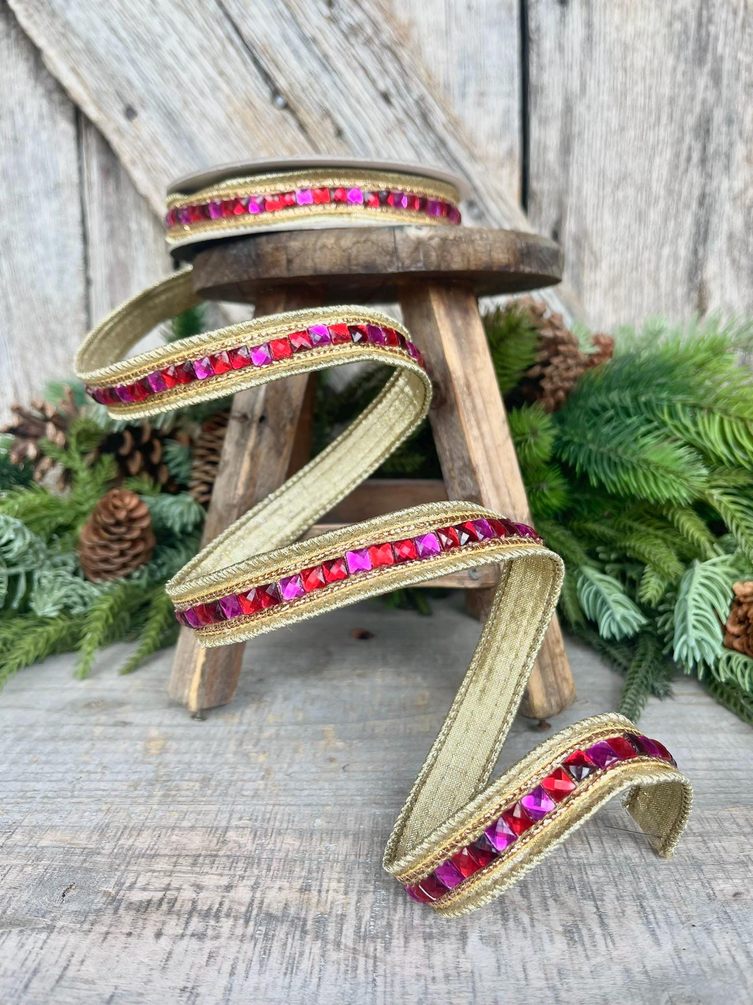 3/4" Hot Pink Red Jeweled Ribbon, Farrisilk Ribbon, Red and Pink Jewelry Garland