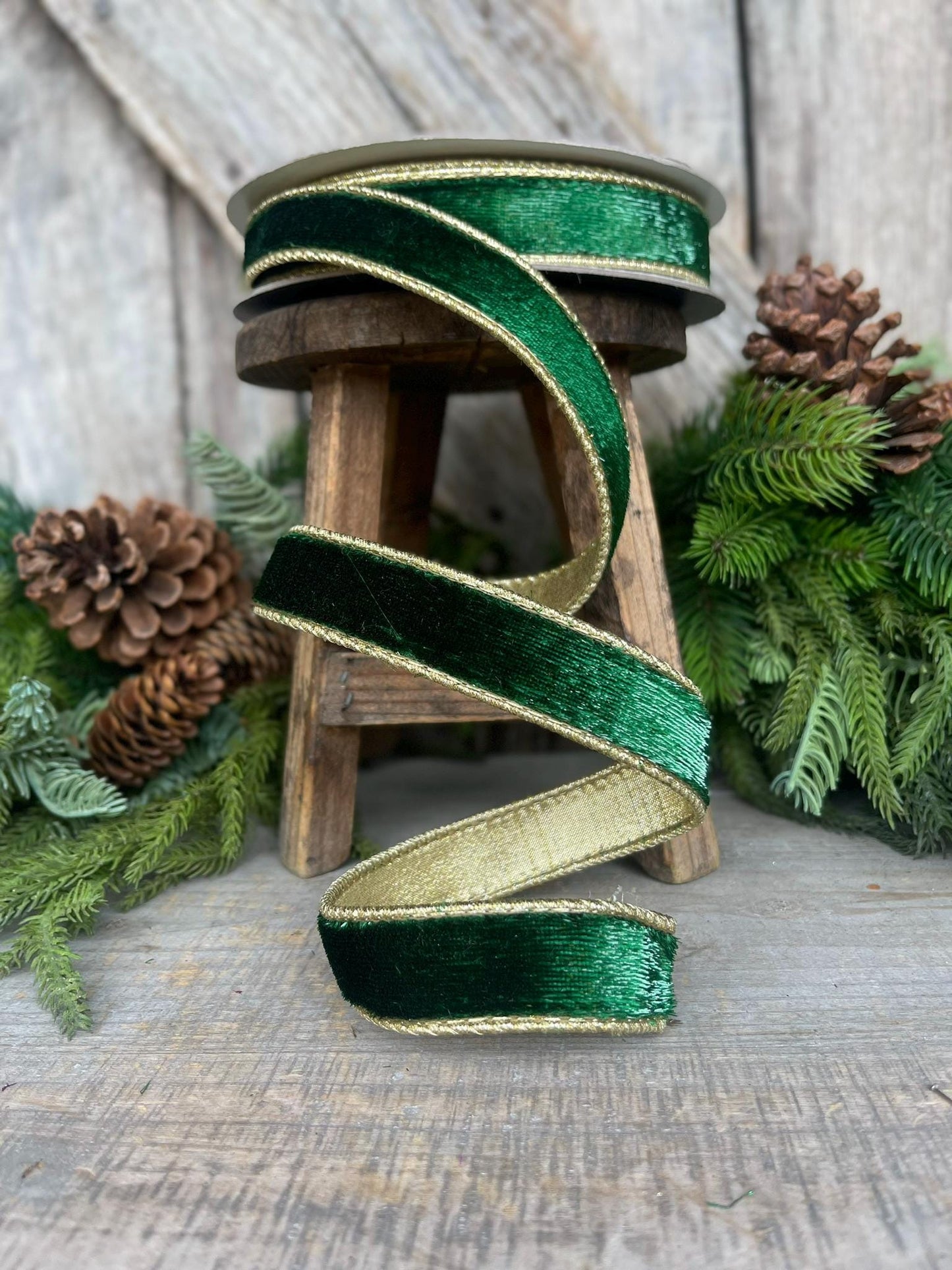 1" Emerald and Gold Velvet Sheen Ribbon, Green Velvet Ribbon, Wired Ribbon