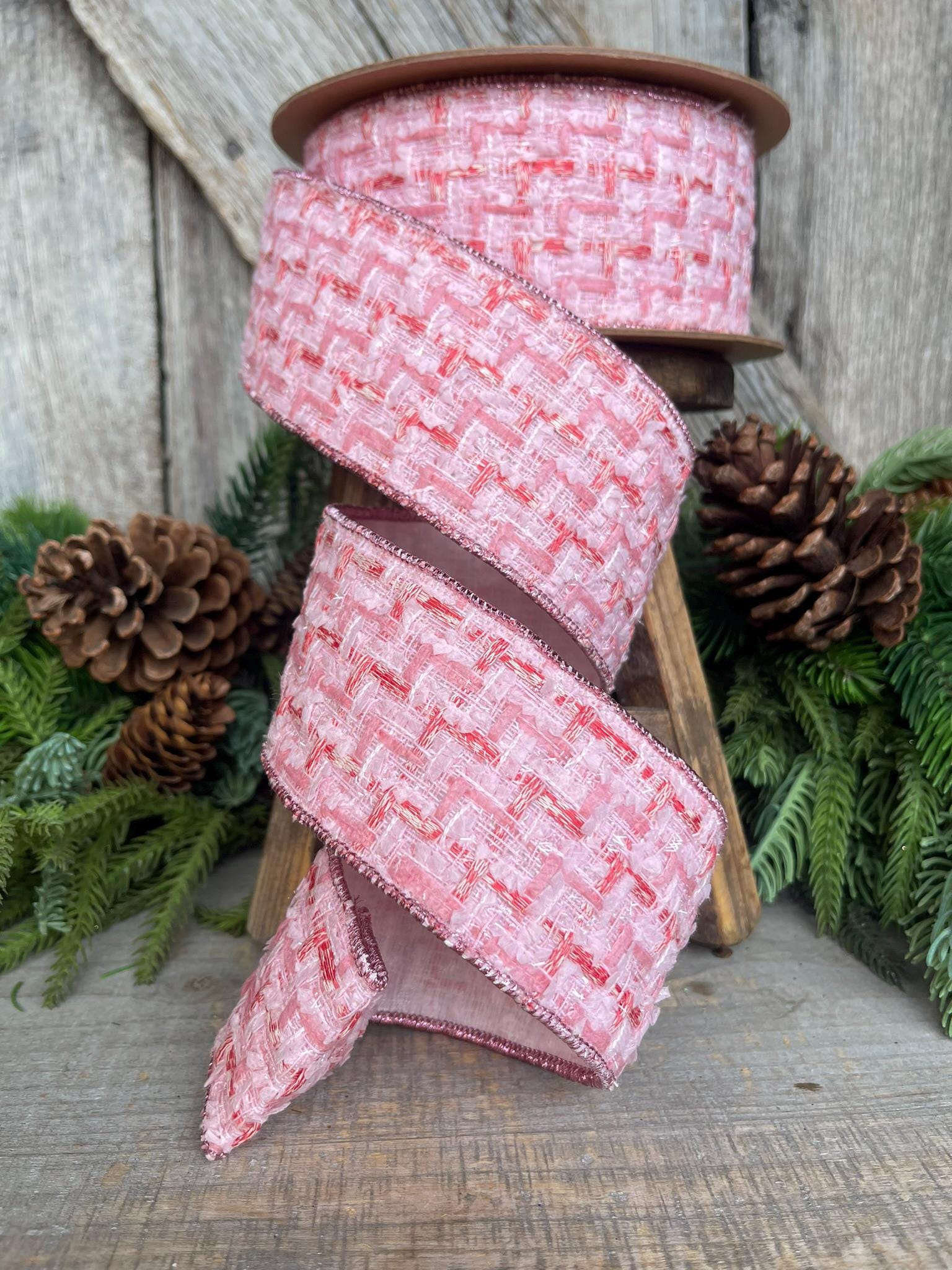 2.5" Pink Tweed Ribbon, Pink Christmas Ribbon, Designer Ribbon