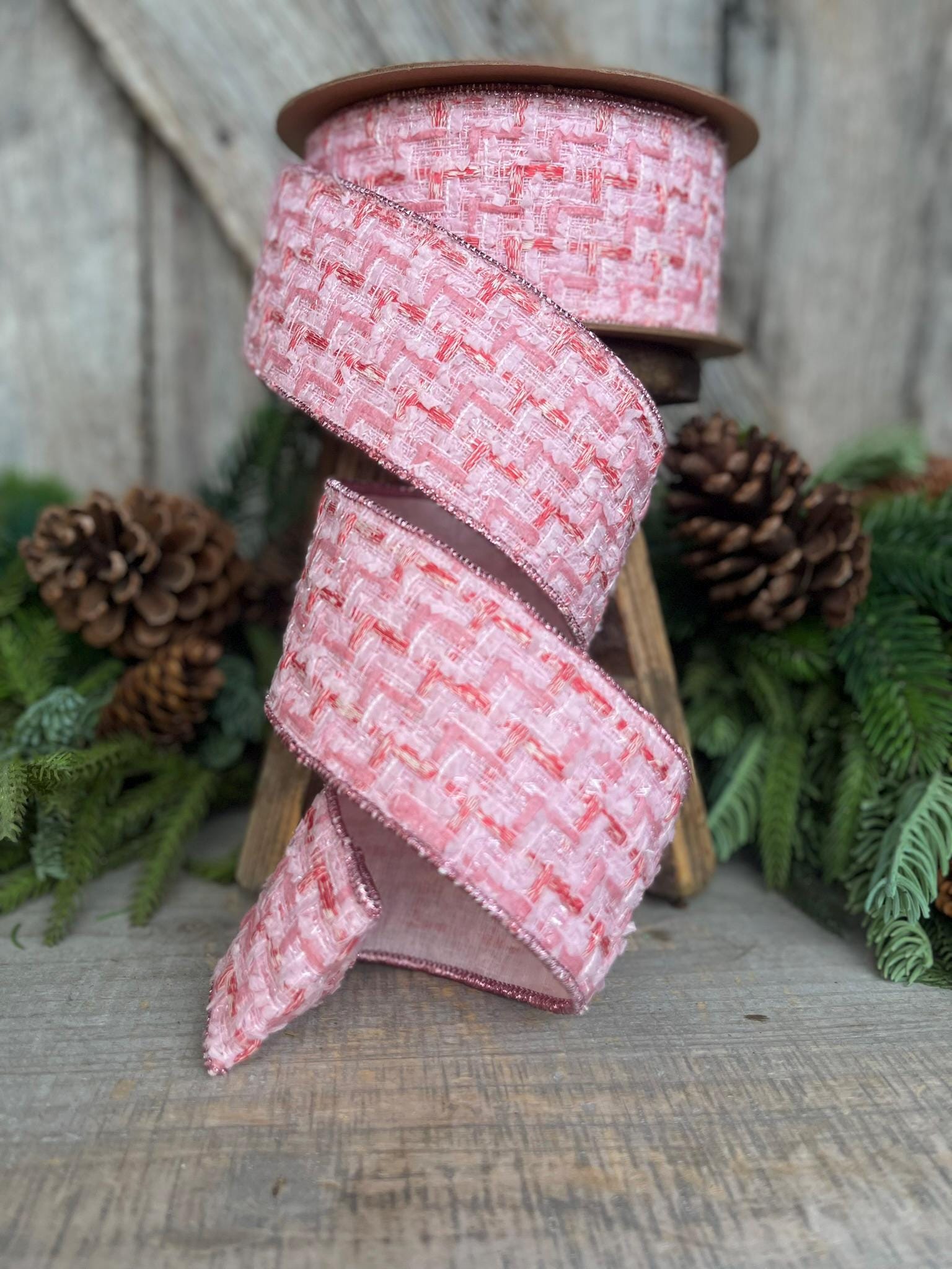 2.5" Pink Tweed Ribbon, Pink Christmas Ribbon, Designer Ribbon