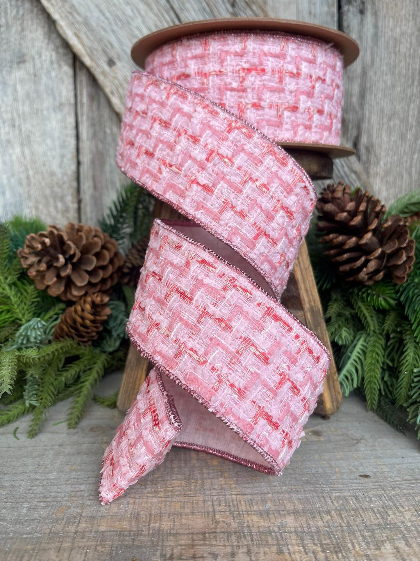 2.5" Pink Tweed Ribbon, Pink Christmas Ribbon, Designer Ribbon