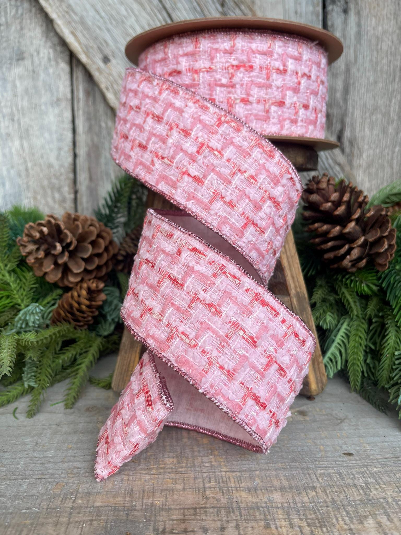 2.5" Pink Tweed Ribbon, Pink Christmas Ribbon, Designer Ribbon