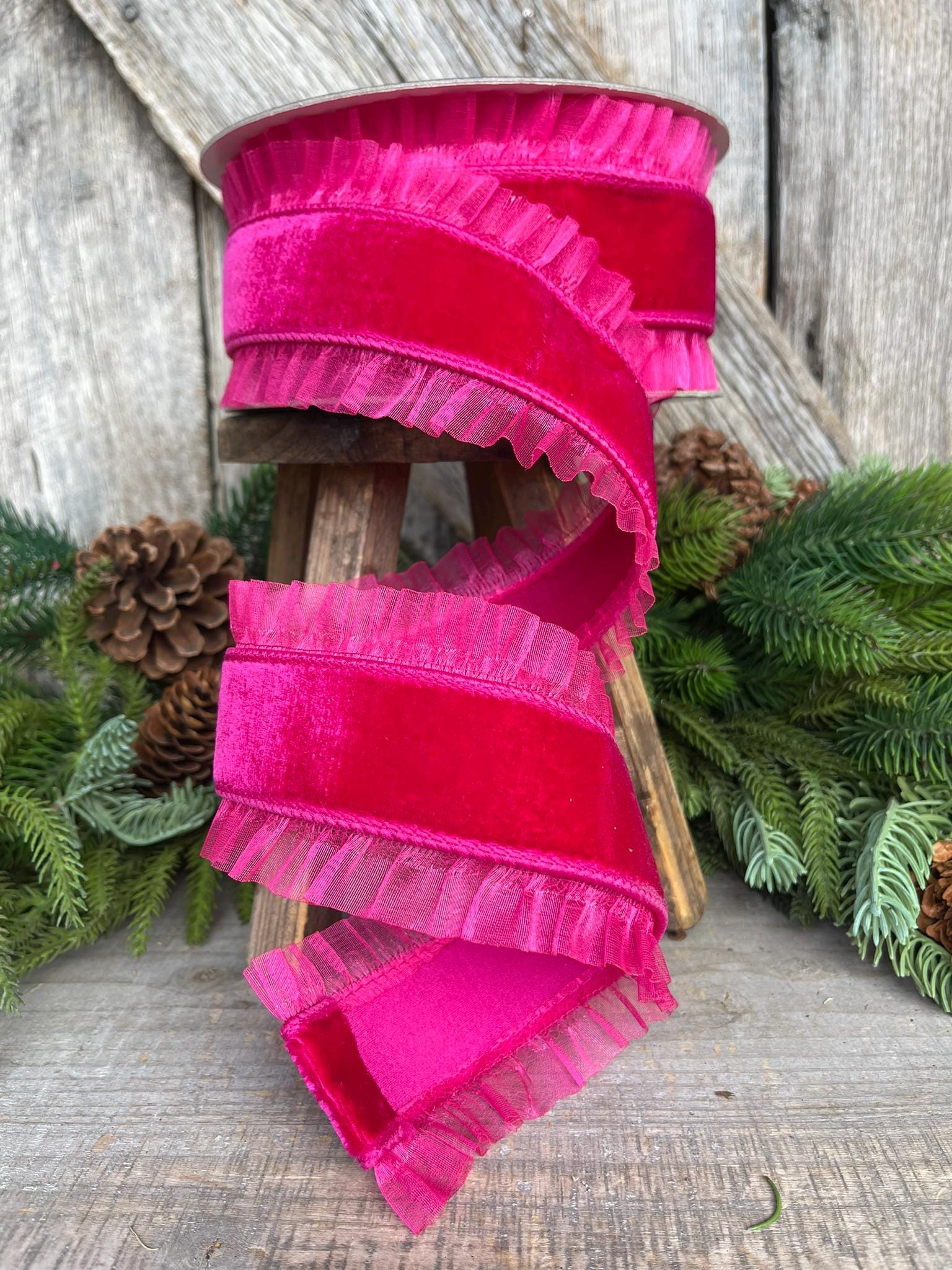 3" Hot Pink Ruffle Ribbon, Farrisilk Ribbon, Pink Christmas RIbbon