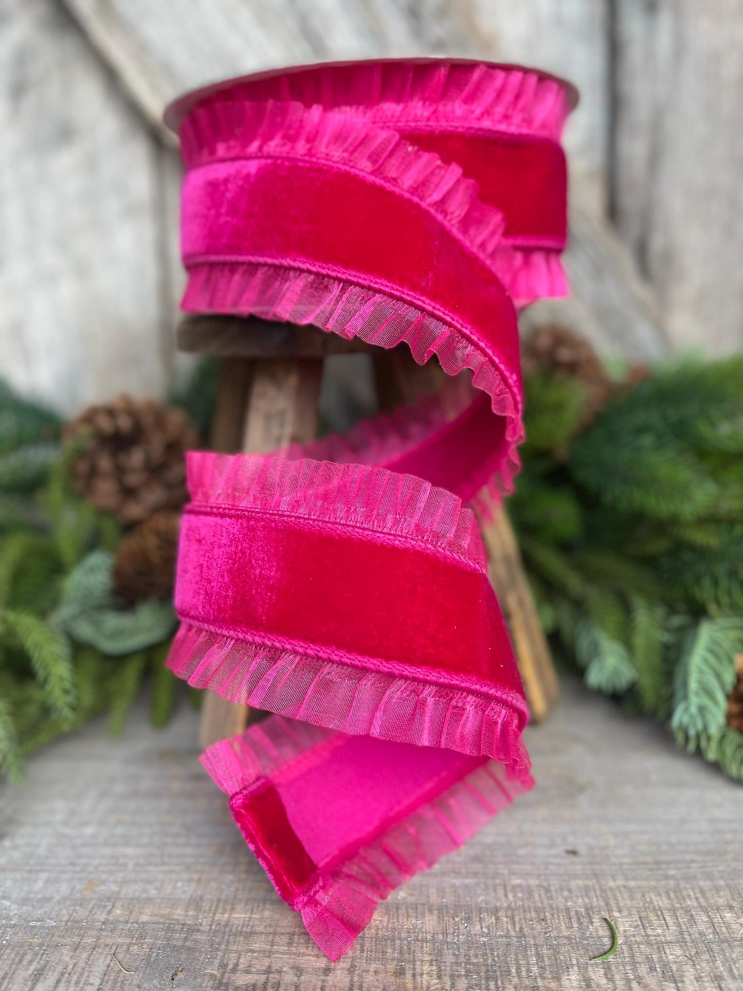 3" Hot Pink Ruffle Ribbon, Farrisilk Ribbon, Pink Christmas RIbbon