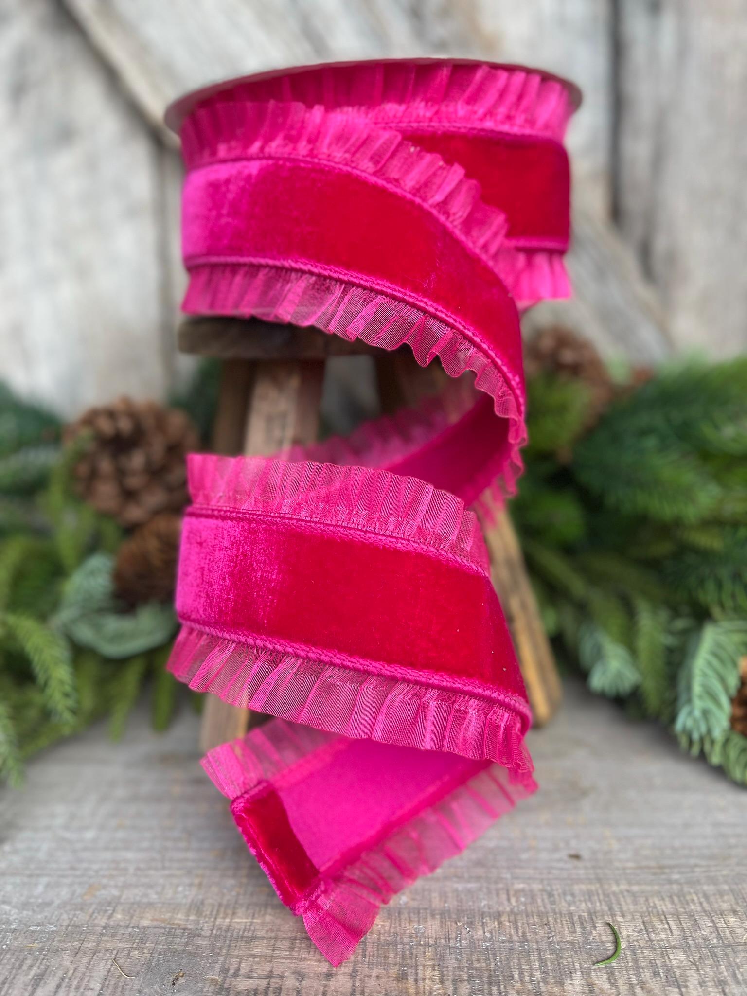 3" Hot Pink Ruffle Ribbon, Farrisilk Ribbon, Pink Christmas RIbbon