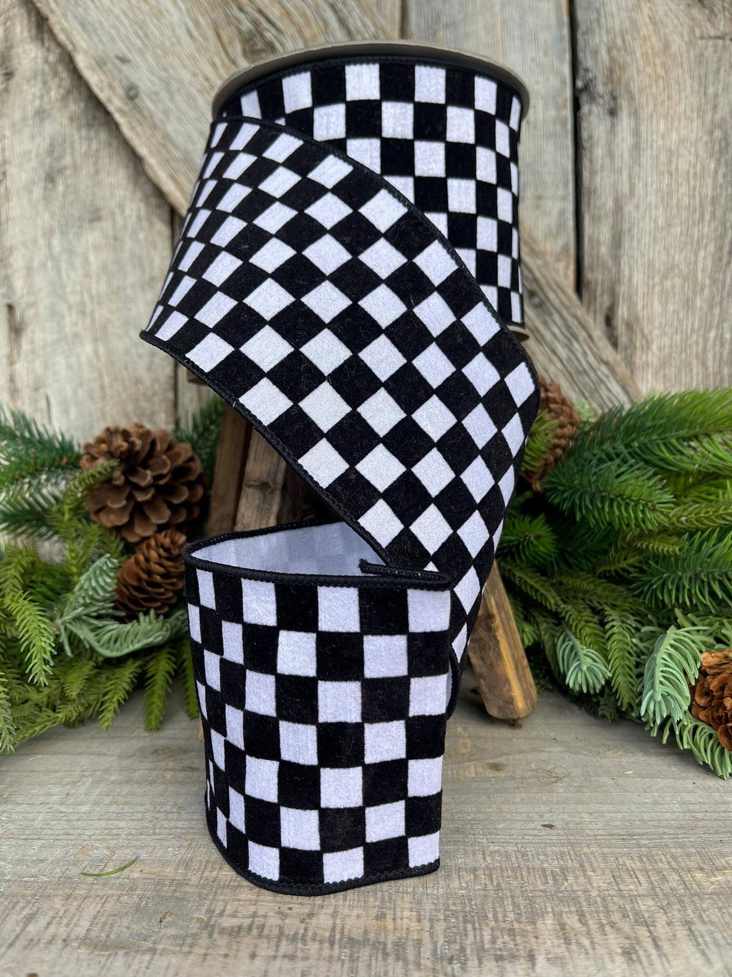 4" Black and White Retro Checks Ribbon, Farrisilk Ribbon