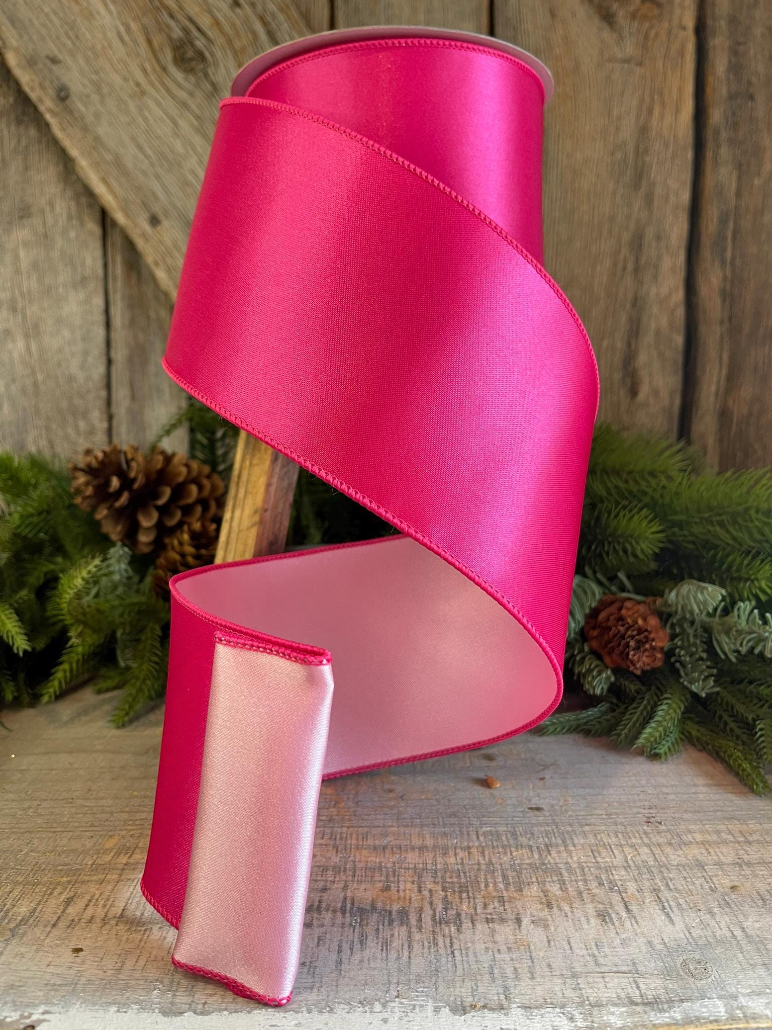 4" Hot Pink Light Pink Wired Satin Ribbon, Farrisilk Ribbon, Duo Satin Ribbon