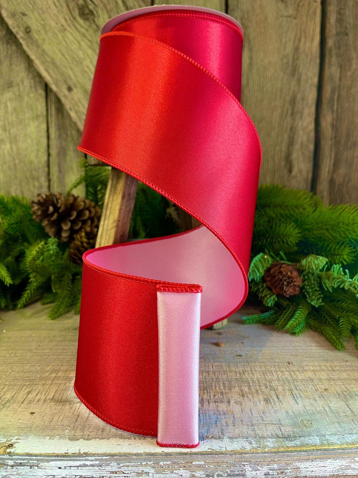 4 Red Pink Satin Duo Ribbon, Farrisilk Ribbon, Christmas Ribbon