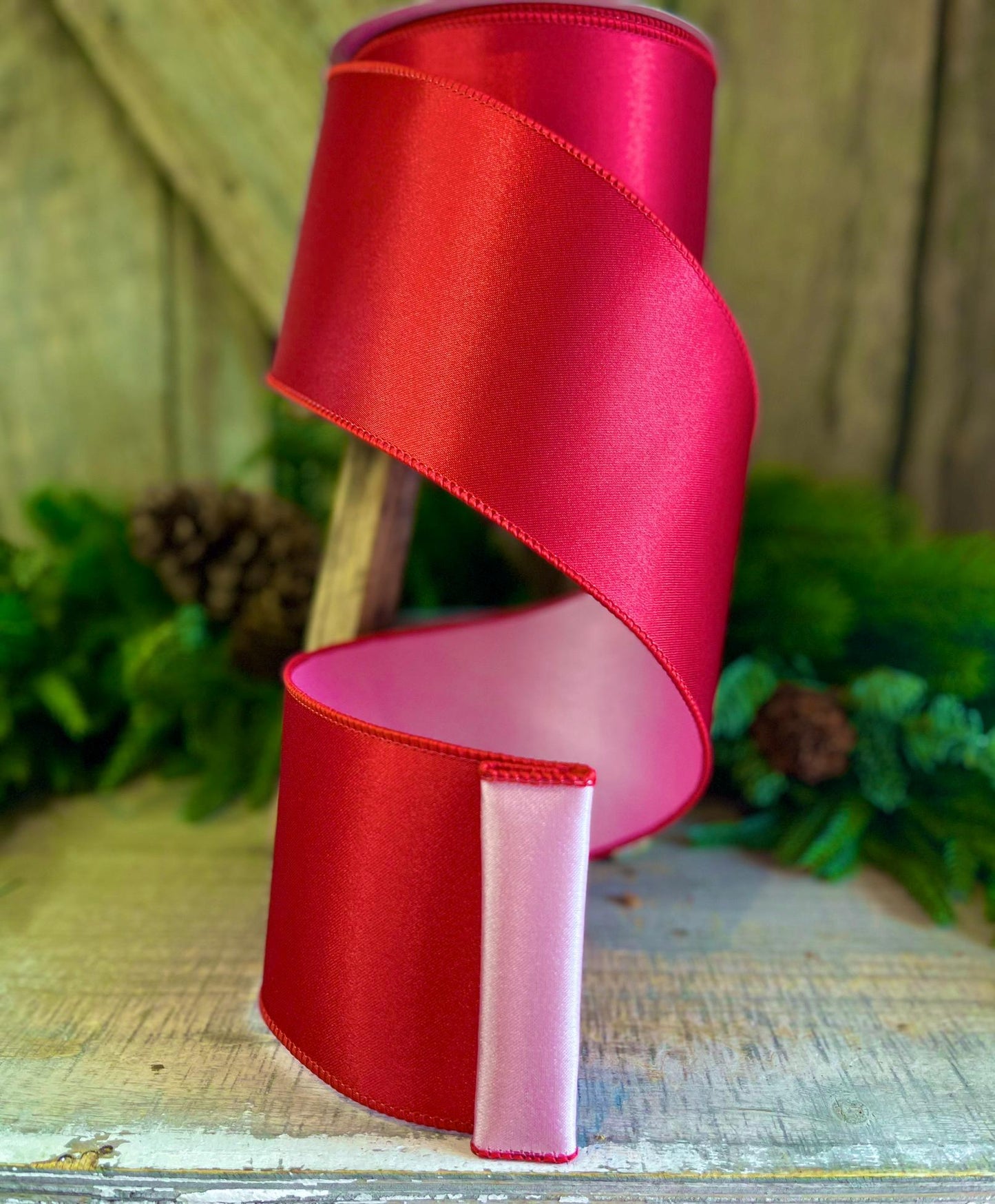 4 Red Pink Satin Duo Ribbon, Farrisilk Ribbon, Christmas Ribbon