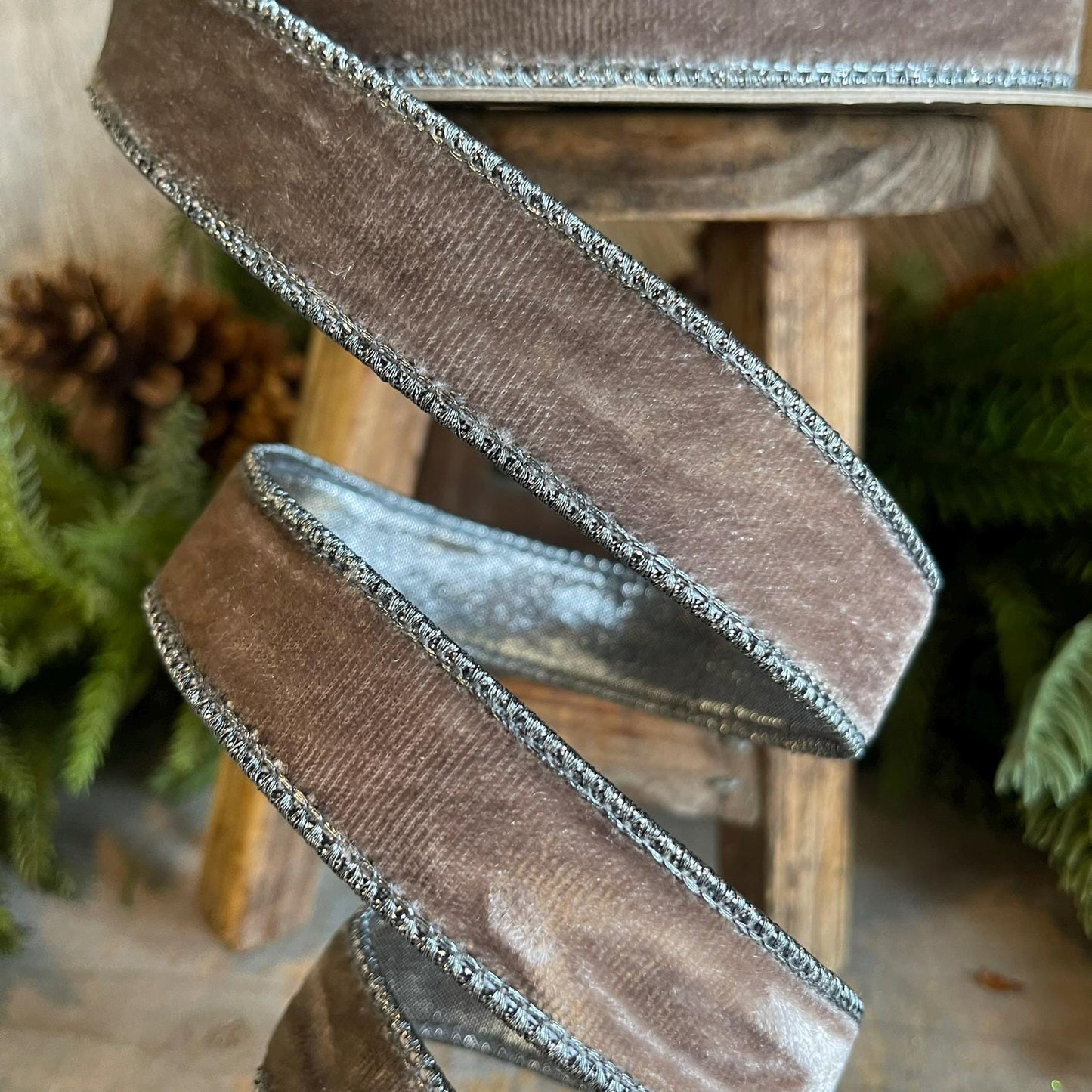 1" Gray Velvet Wired Ribbon, Steel Gray Ribbon
