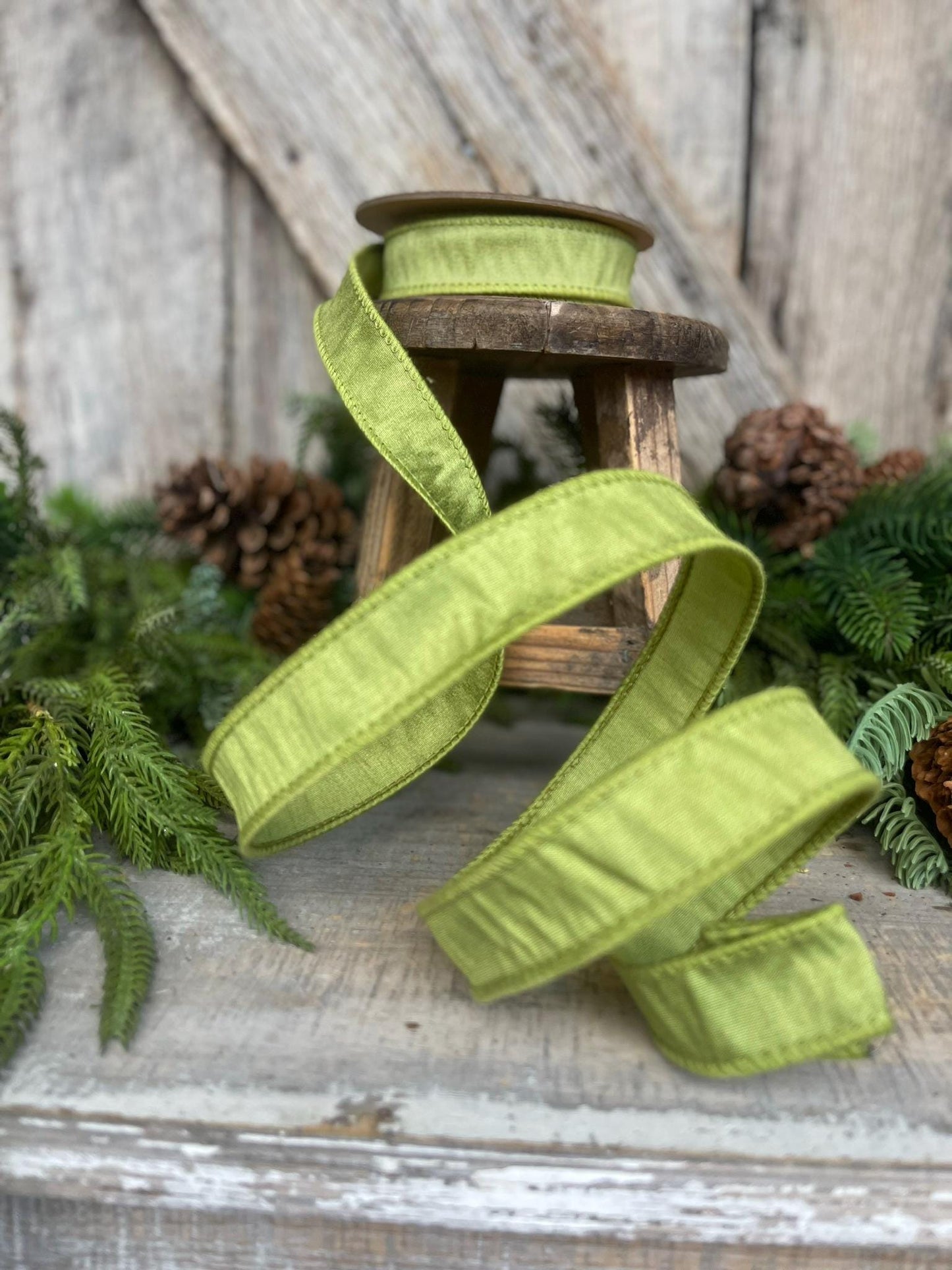 1" Moss Green Ribbon, Wired RIbbon, CHristmas RIbbon