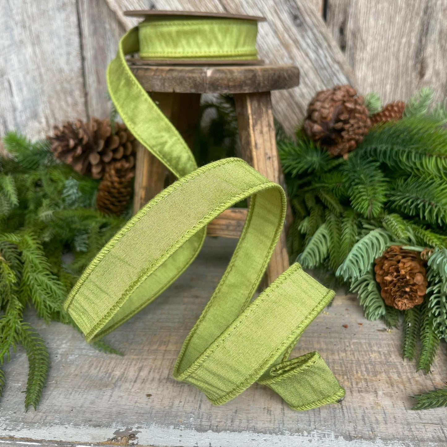1" Moss Green Ribbon, Wired RIbbon, CHristmas RIbbon