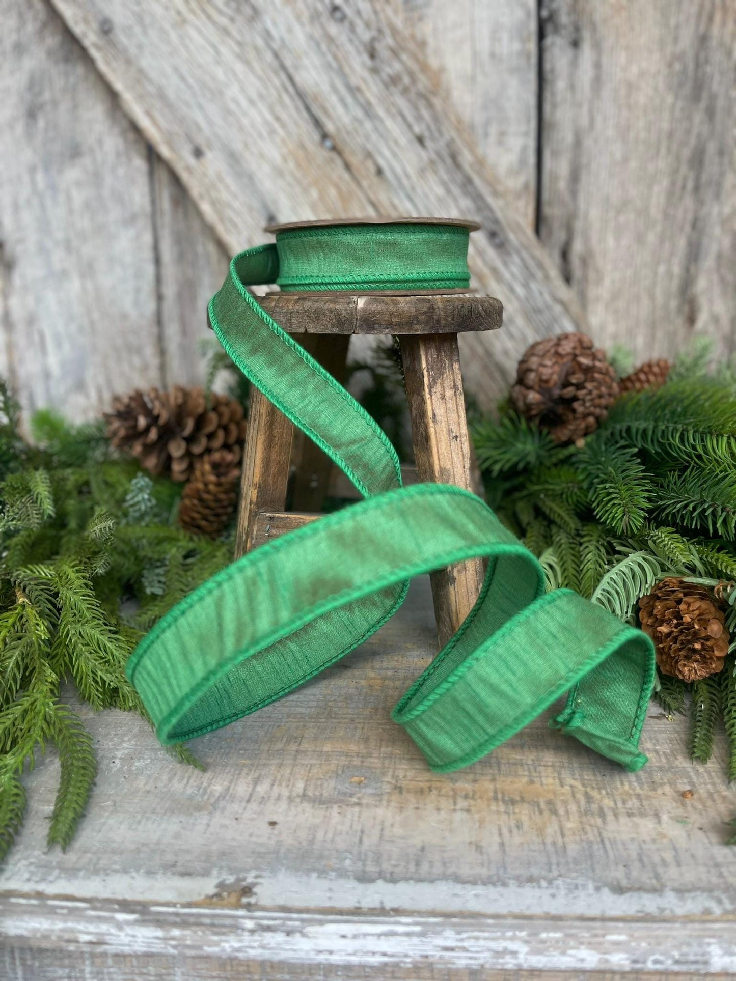 1" Emerald Green Dupioni Ribbon, Wired Ribbon, Narrow Ribbon
