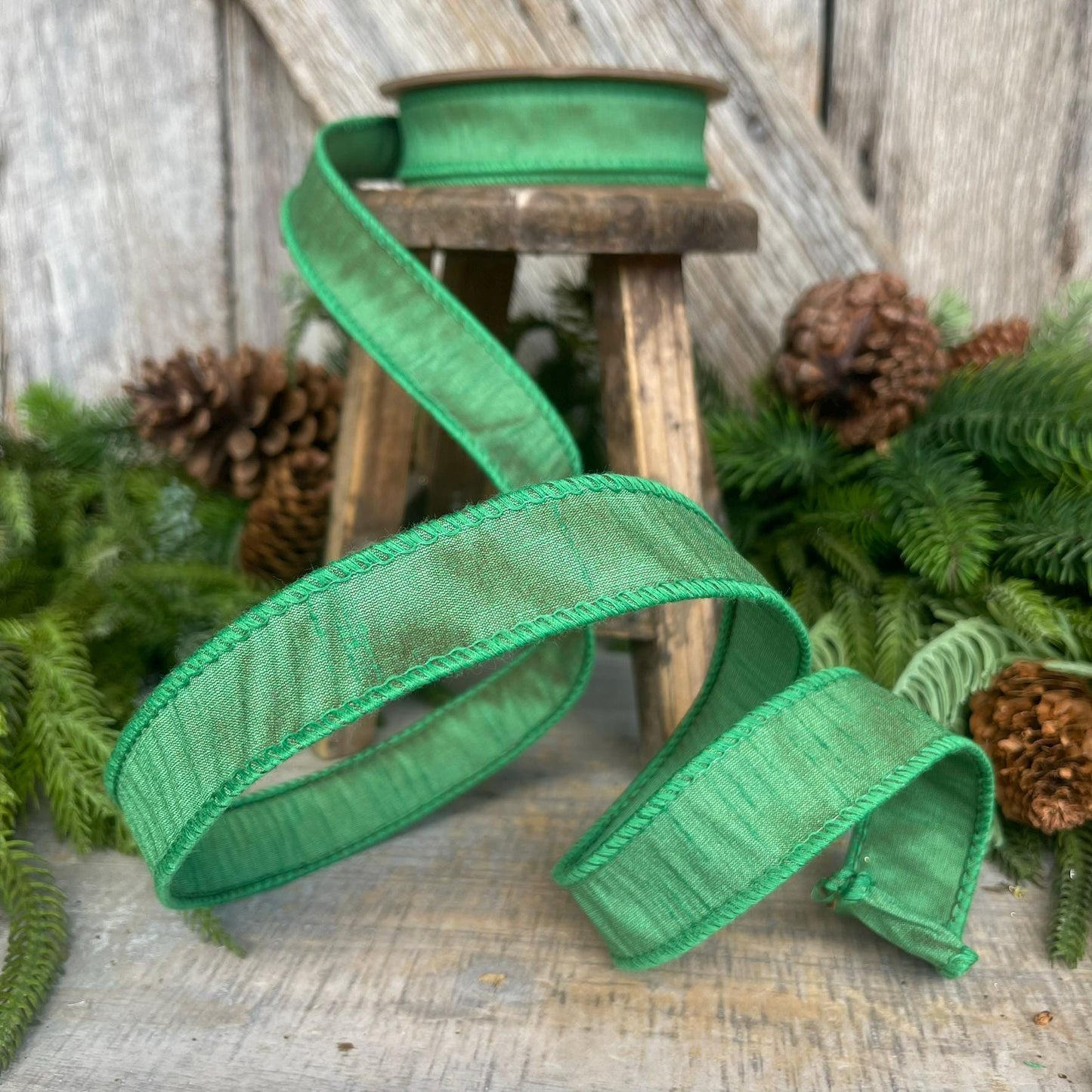 1" Emerald Green Dupioni Ribbon, Wired Ribbon, Narrow Ribbon