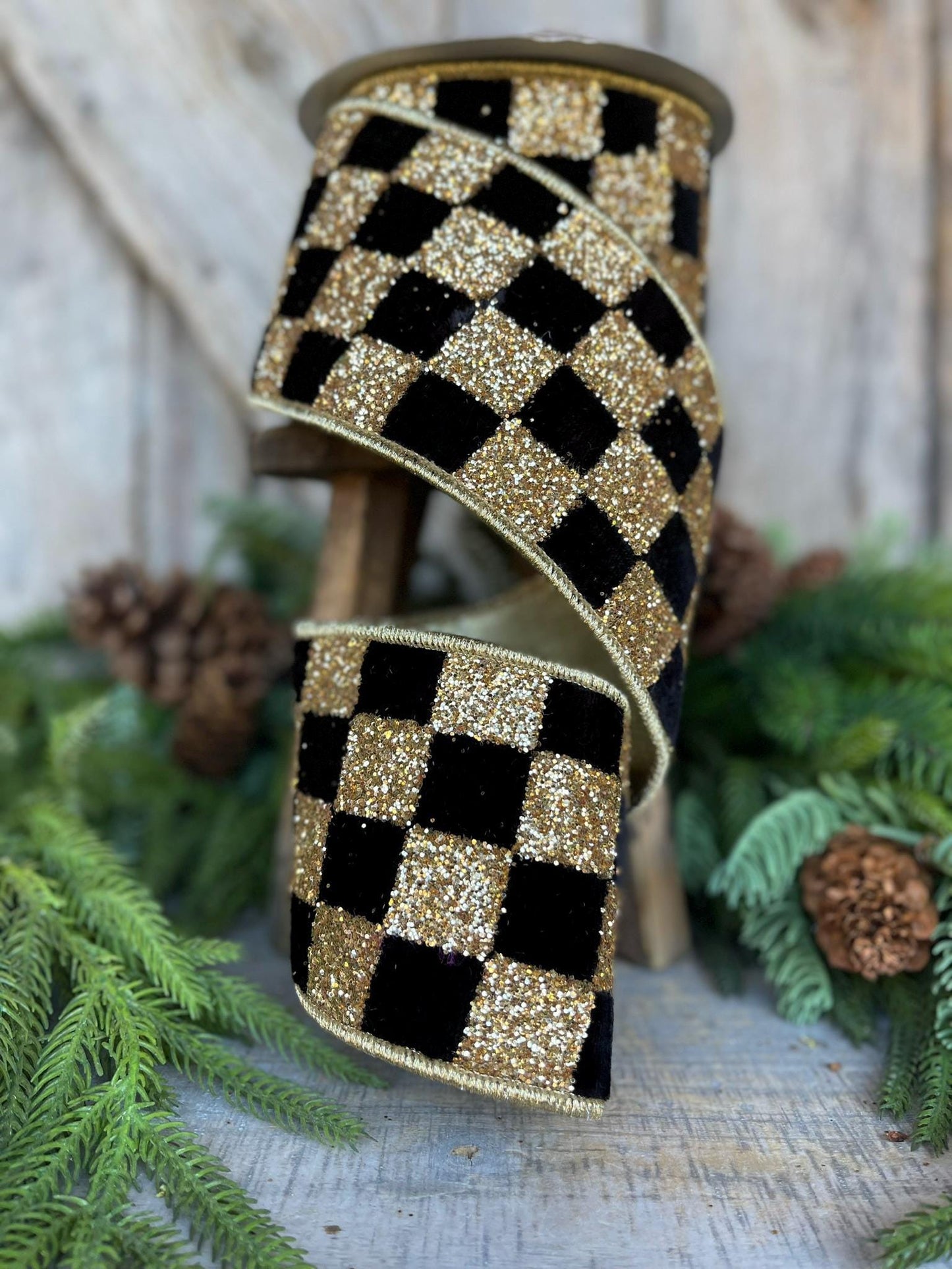 4" Black and Gold Chunky Glitter Checks, Christmas Tree Ribbon, Black and Gold Ribbon