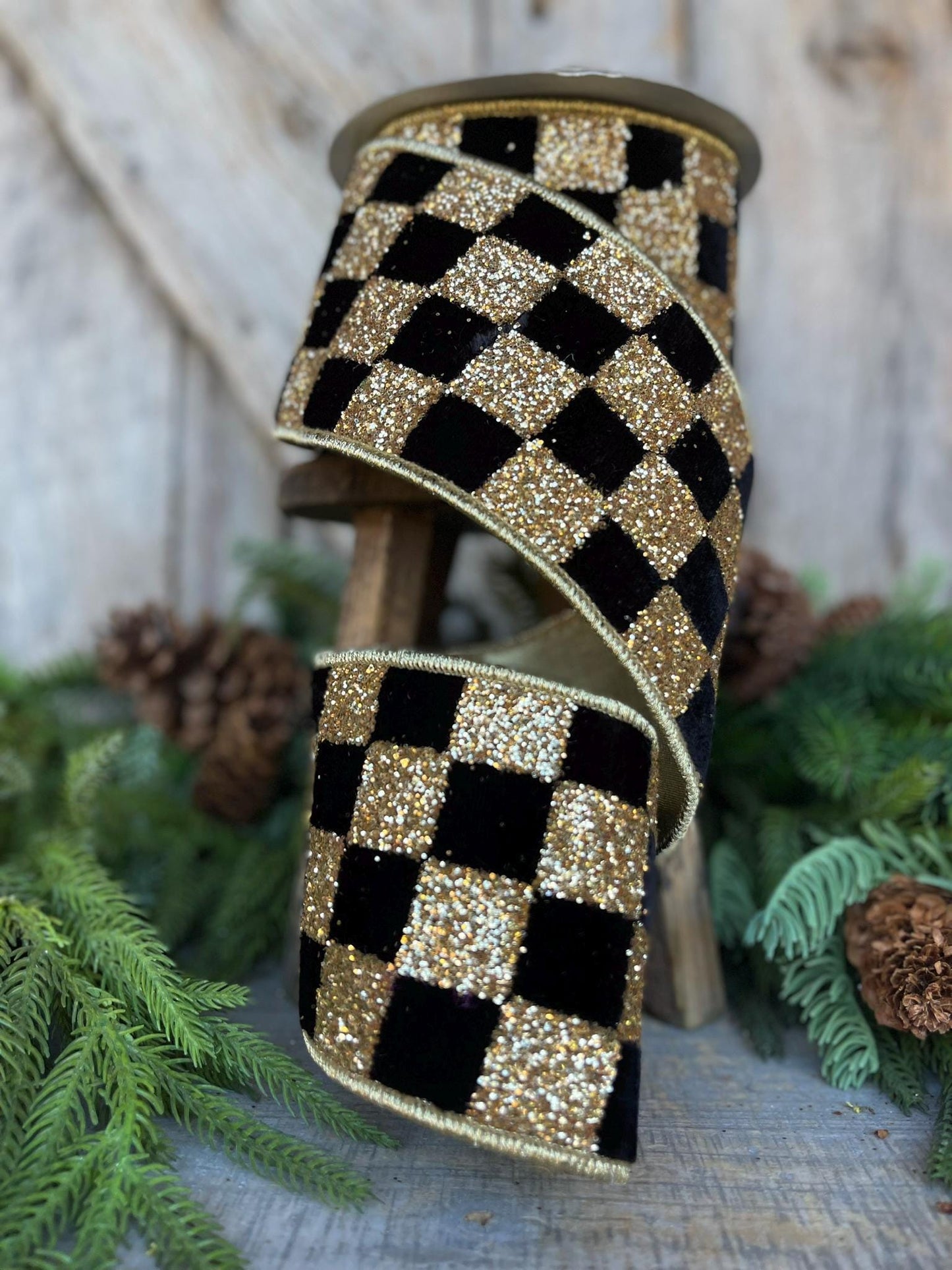 4" Black and Gold Chunky Glitter Checks, Christmas Tree Ribbon, Black and Gold Ribbon