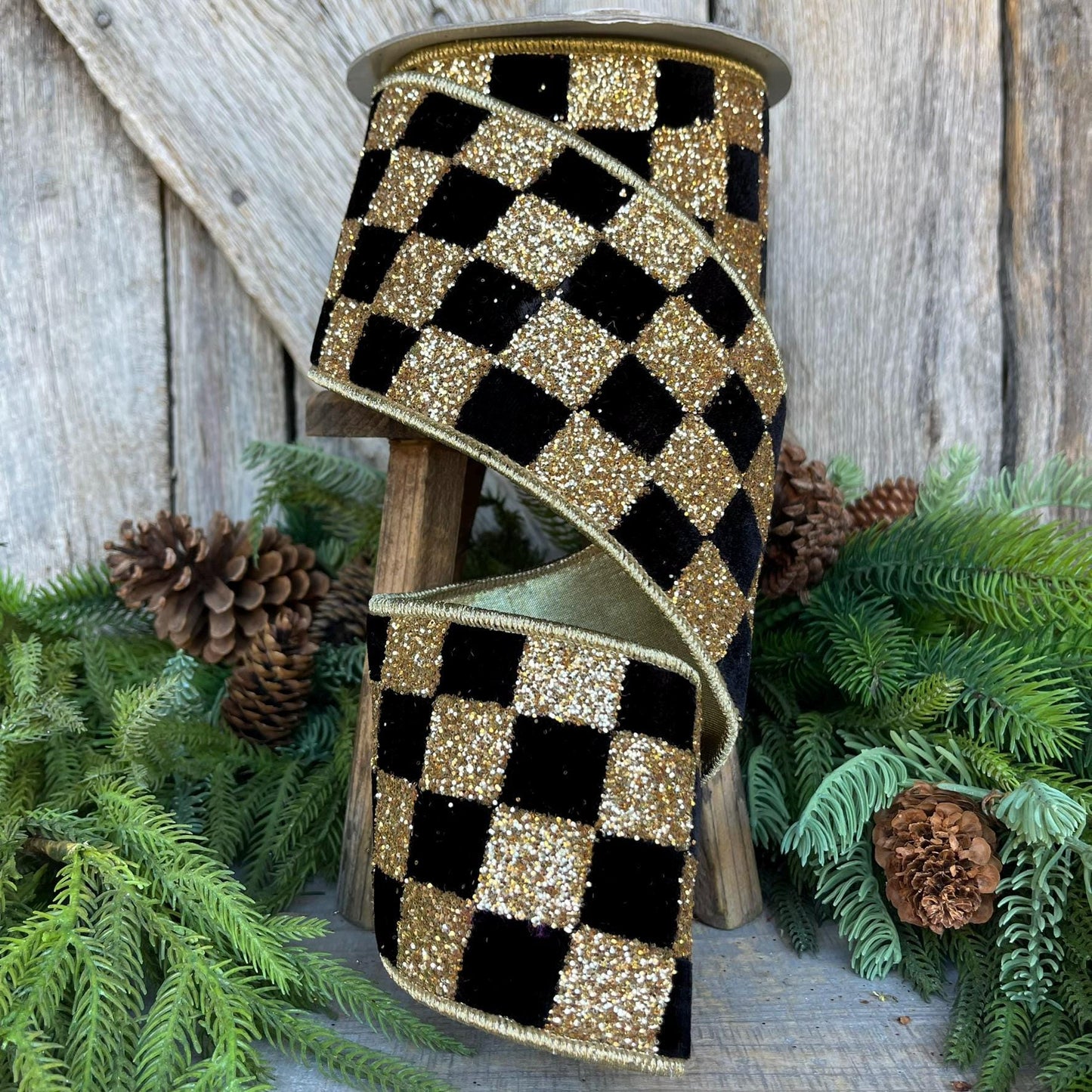 4" Black and Gold Chunky Glitter Checks, Christmas Tree Ribbon, Black and Gold Ribbon