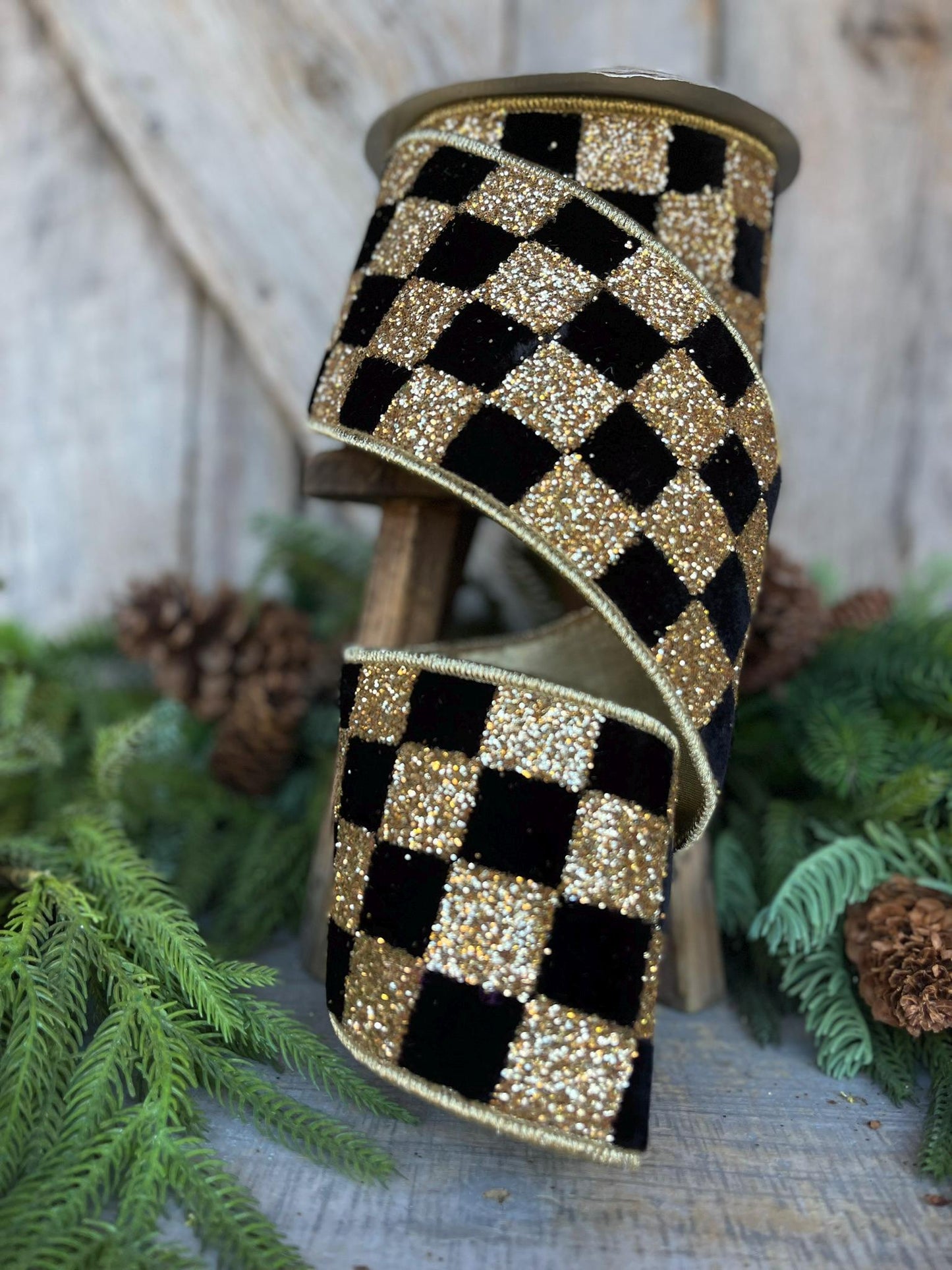 4" Black and Gold Chunky Glitter Checks, Christmas Tree Ribbon, Black and Gold Ribbon