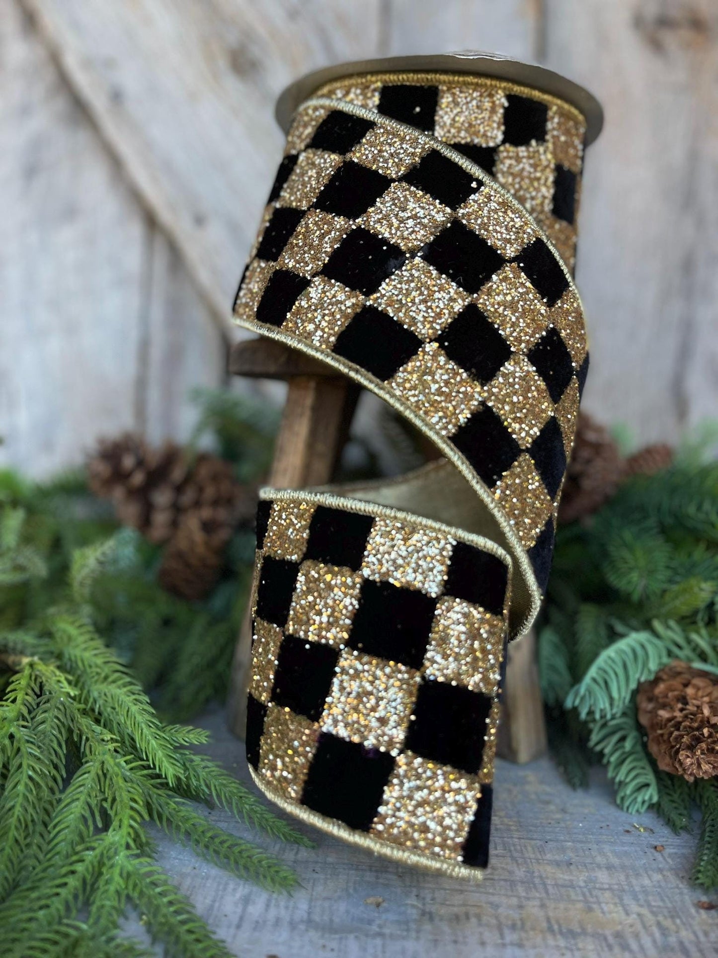 4" Black and Gold Chunky Glitter Checks, Christmas Tree Ribbon, Black and Gold Ribbon