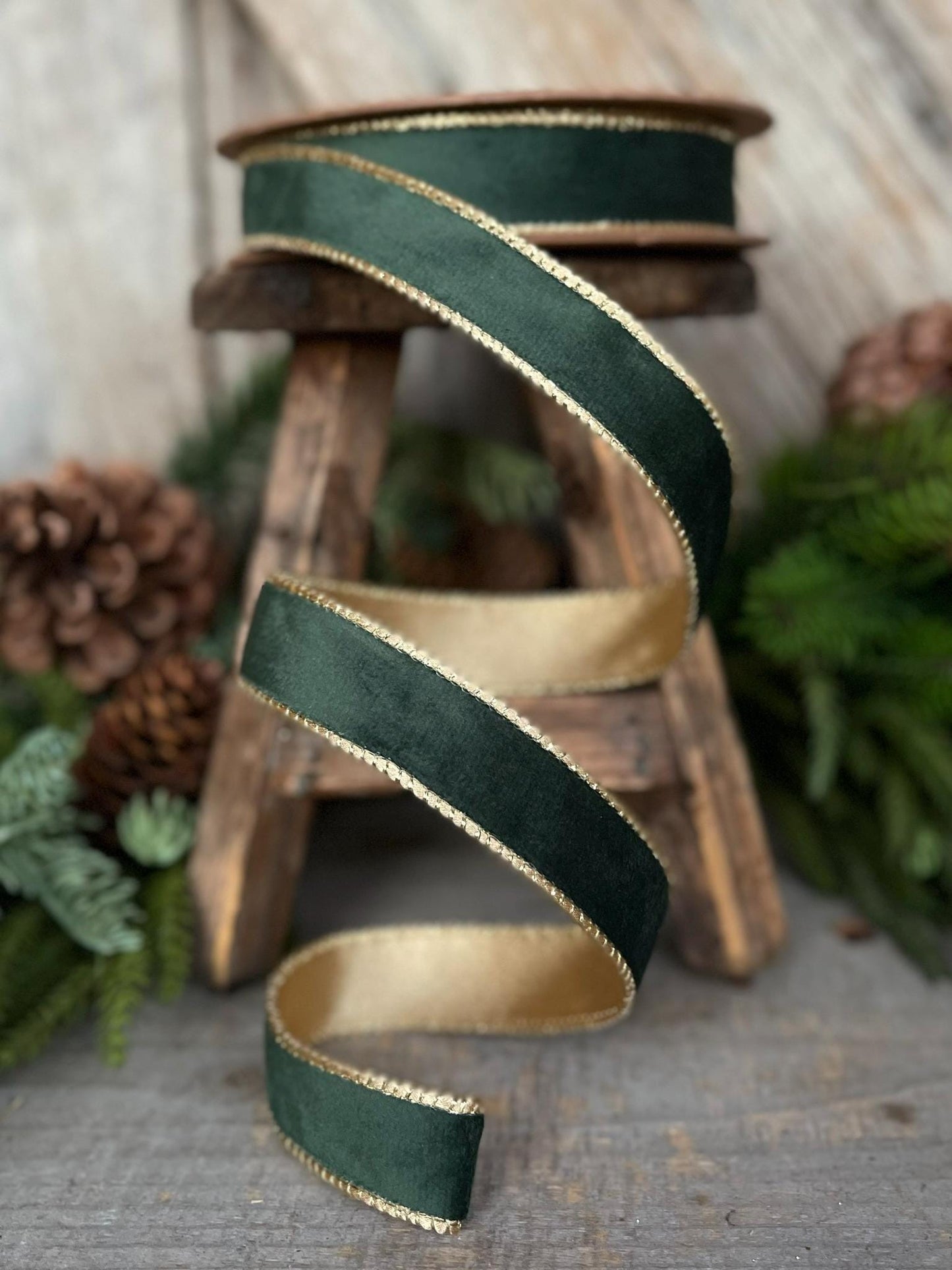 1" Green Velvet Ribbon, Green & Gold Velvet Ribbon
