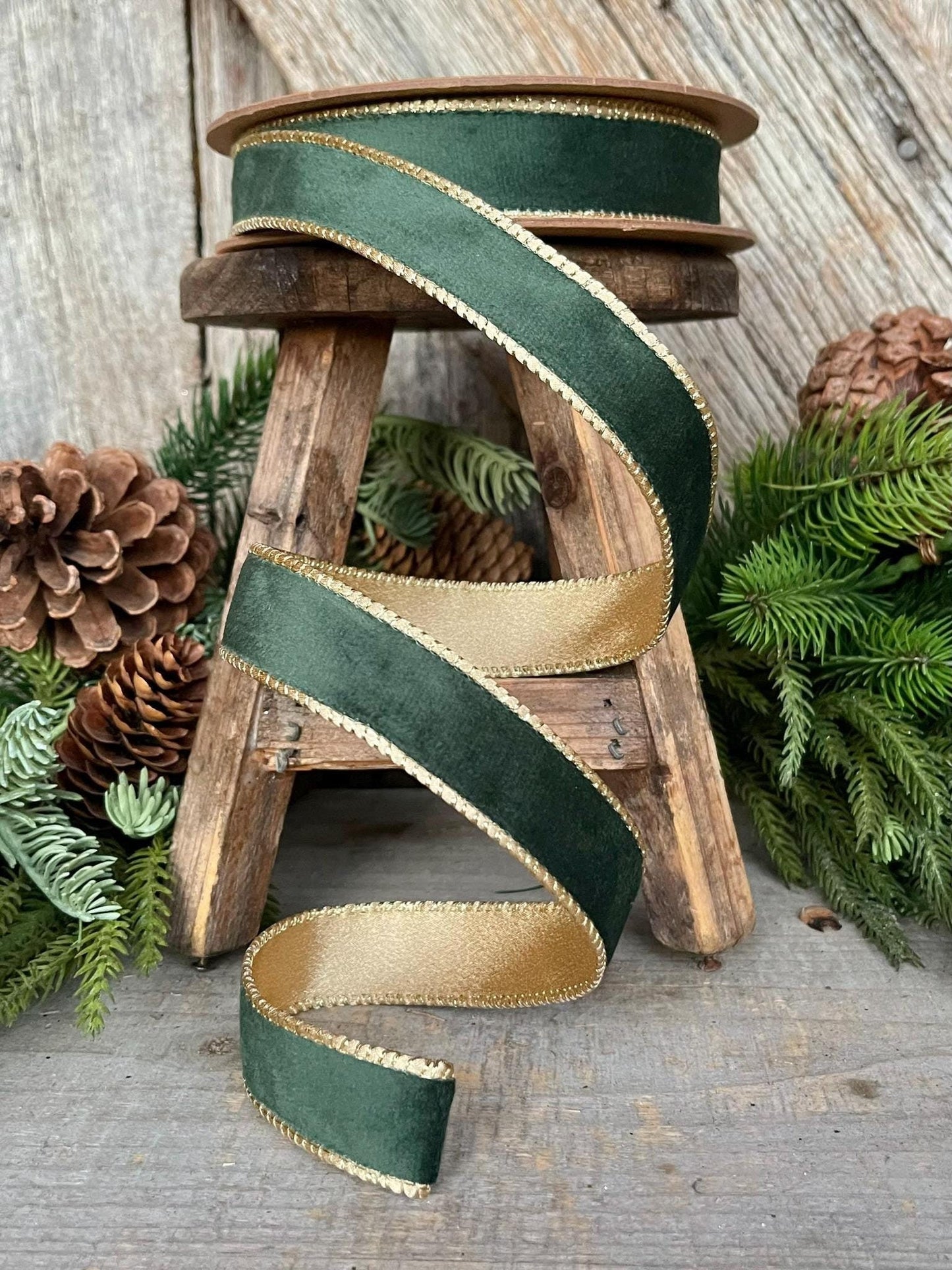 1" Green Velvet Ribbon, Green & Gold Velvet Ribbon