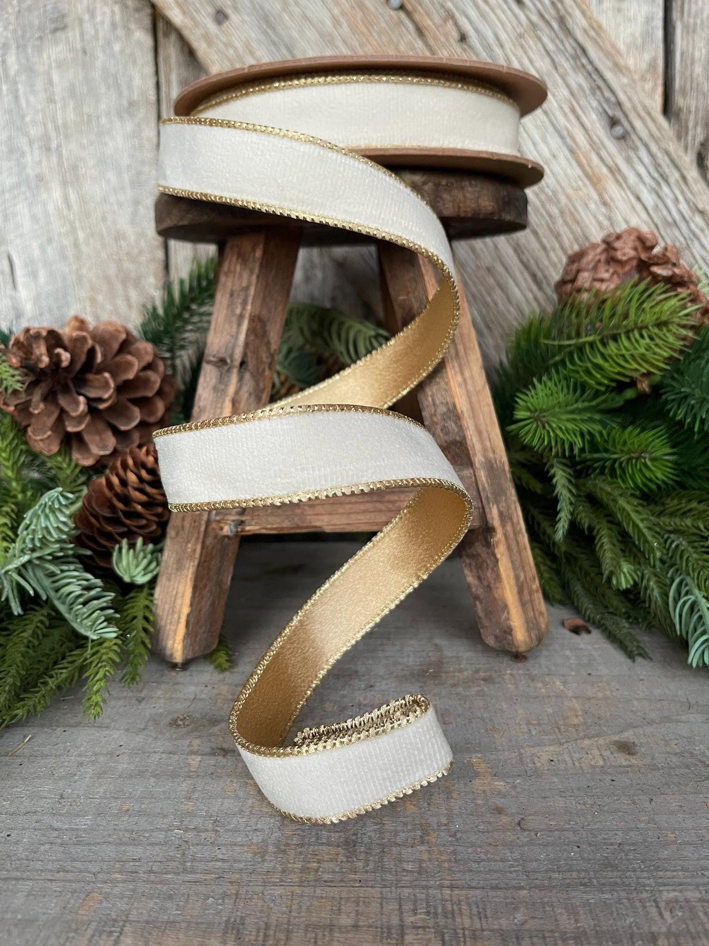 1" Ivory Velvet Ribbon, Ivory & Gold Velvet Ribbon