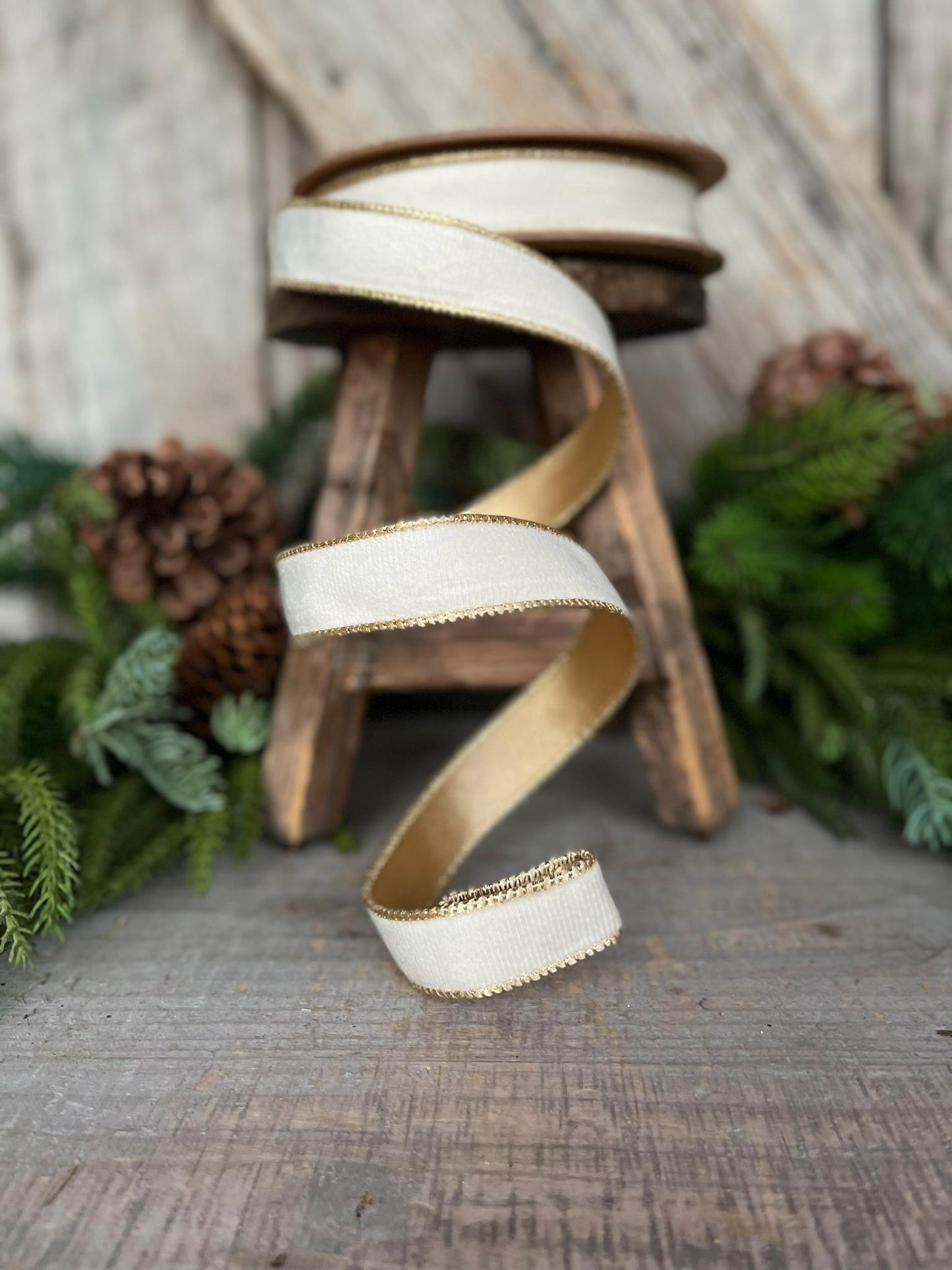 1" Ivory Velvet Ribbon, Ivory & Gold Velvet Ribbon