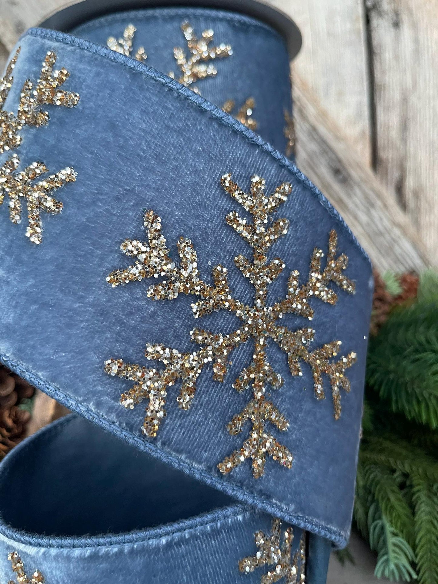 4" Steel Blue Velvet RIbbon, GLitter Snowflake RIbbon, Farrisilk Ribbon