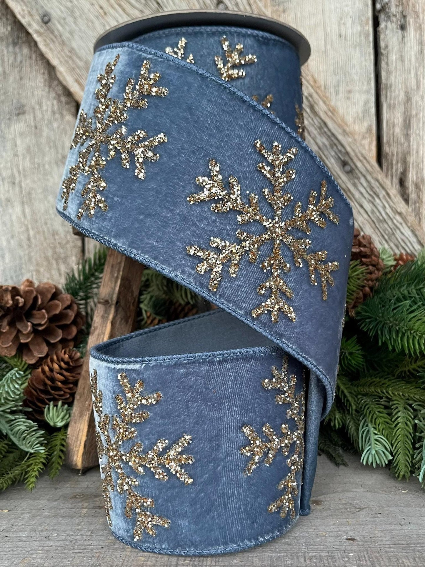 4" Steel Blue Velvet RIbbon, GLitter Snowflake RIbbon, Farrisilk Ribbon