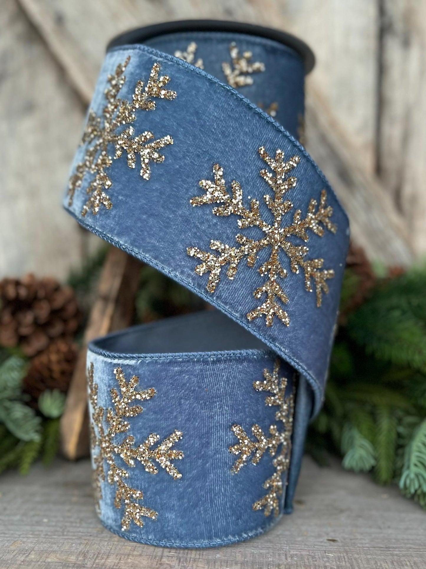 4" Steel Blue Velvet RIbbon, GLitter Snowflake RIbbon, Farrisilk Ribbon