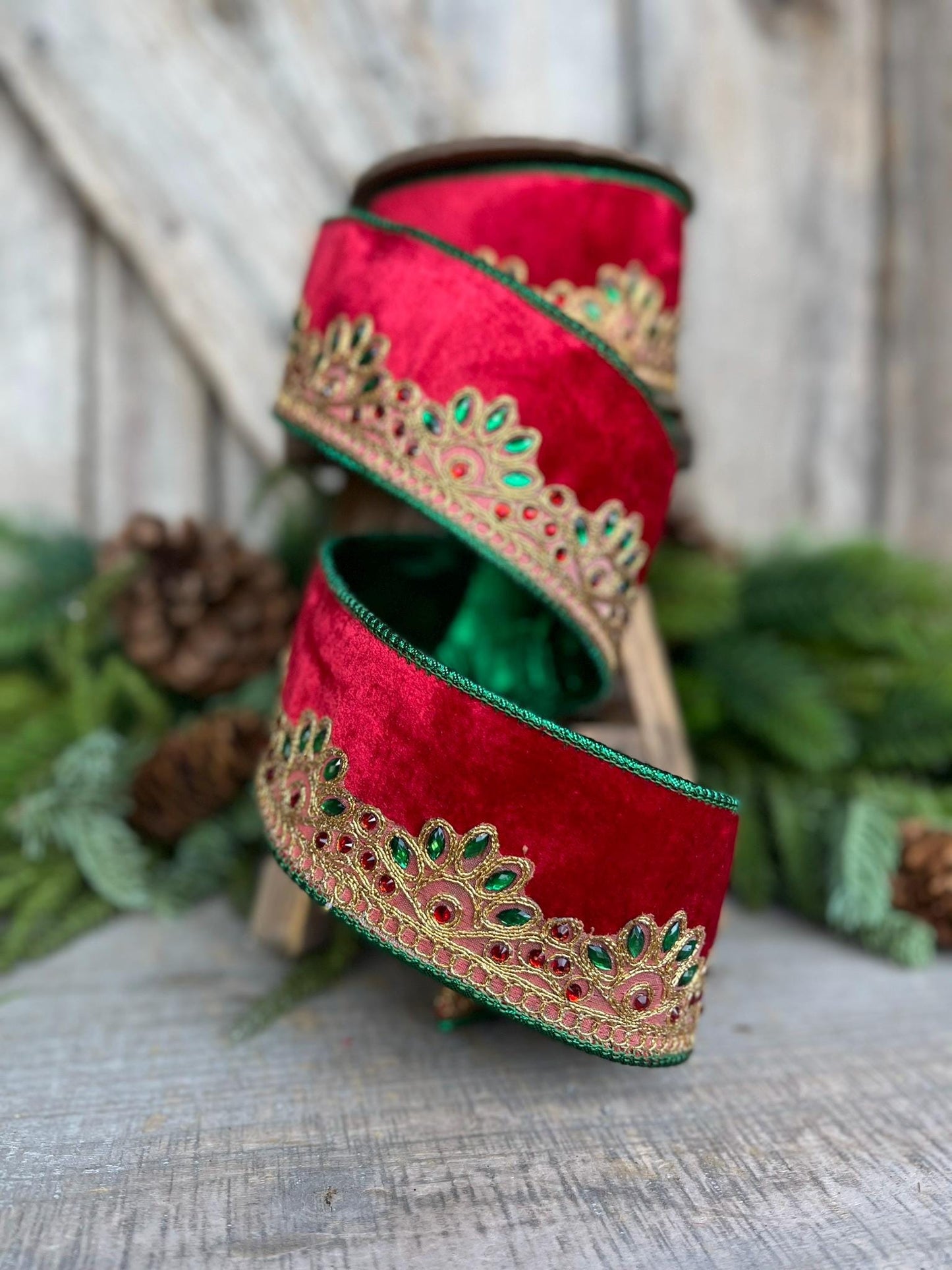 2.5" Red Velvet Jeweled Ribbon, Red Green Jeweled Ribbon, Christmas Ribbon
