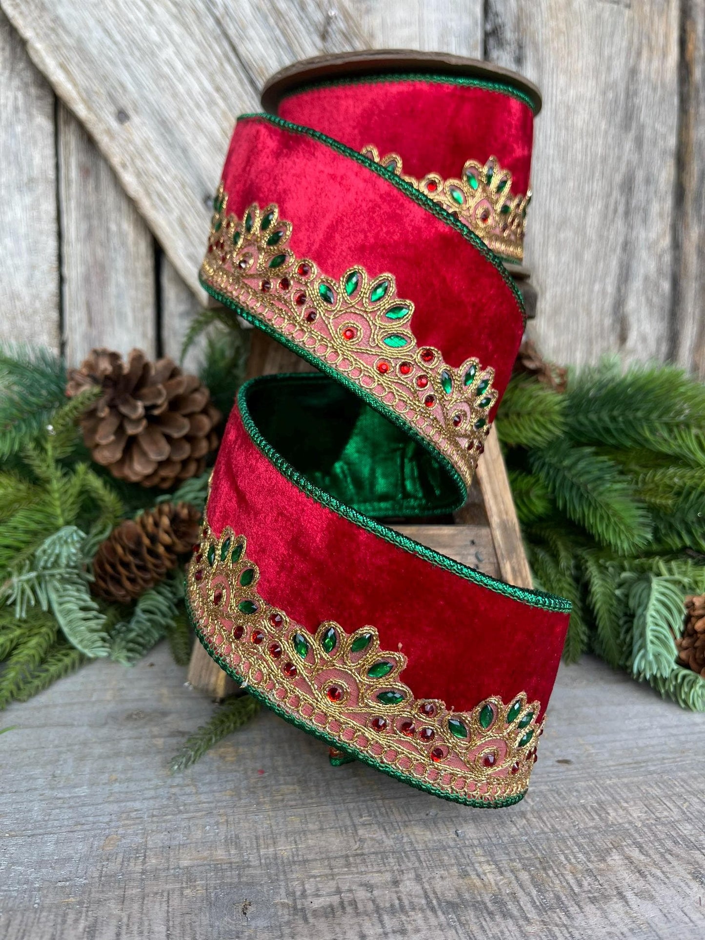 2.5" Red Velvet Jeweled Ribbon, Red Green Jeweled Ribbon, Christmas Ribbon